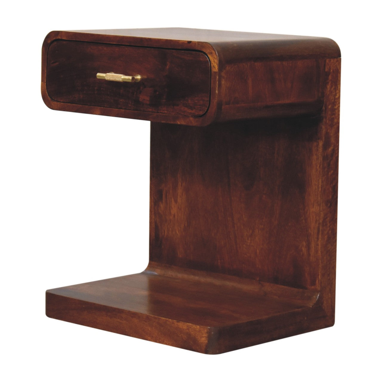 Solid Wood Bedside, T-Bar Rounded, 1 Drawer, 1 Open Slot, Dark Brown Chestnut