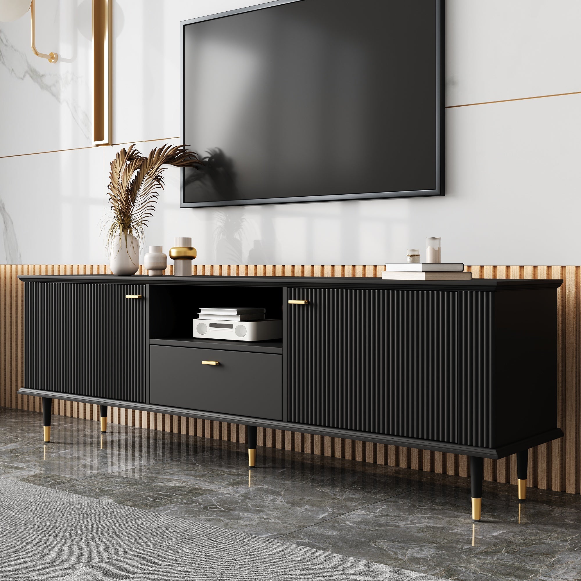 TV Cabinet with Open Compartments, Drawers and Soft-Close Hinges, Lacquered Textured Surface
