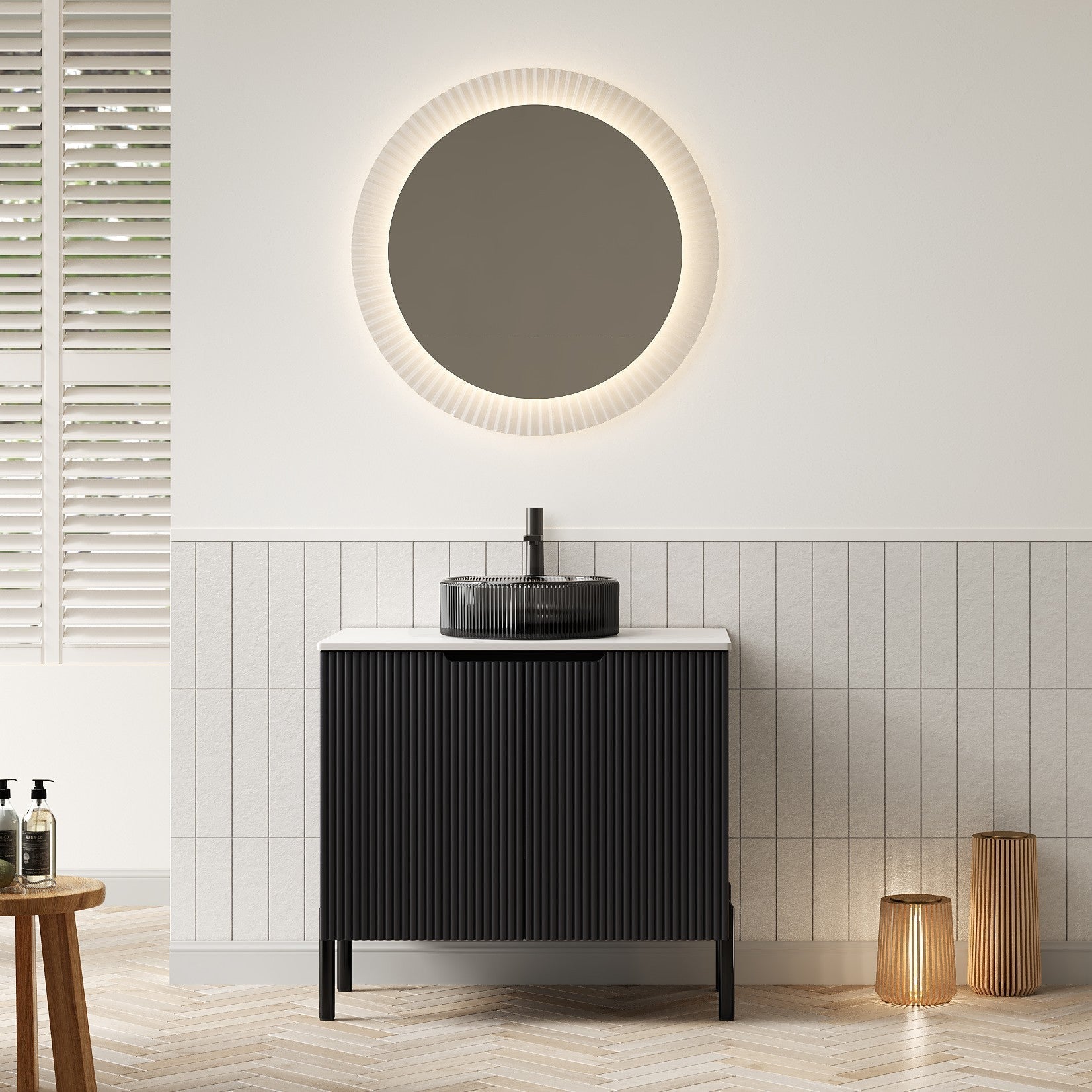TURIO 76cm Freestanding Bathroom Vanity Unit with Round Glass Basin, Sintered Stone Countertop, Black Finish