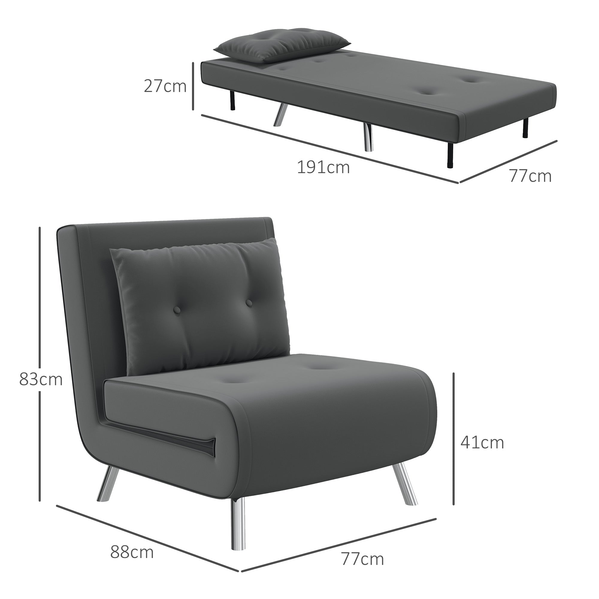 Sleeper Chair, Folding Bed Single Sofa with Cushions, Dark Grey Fabric