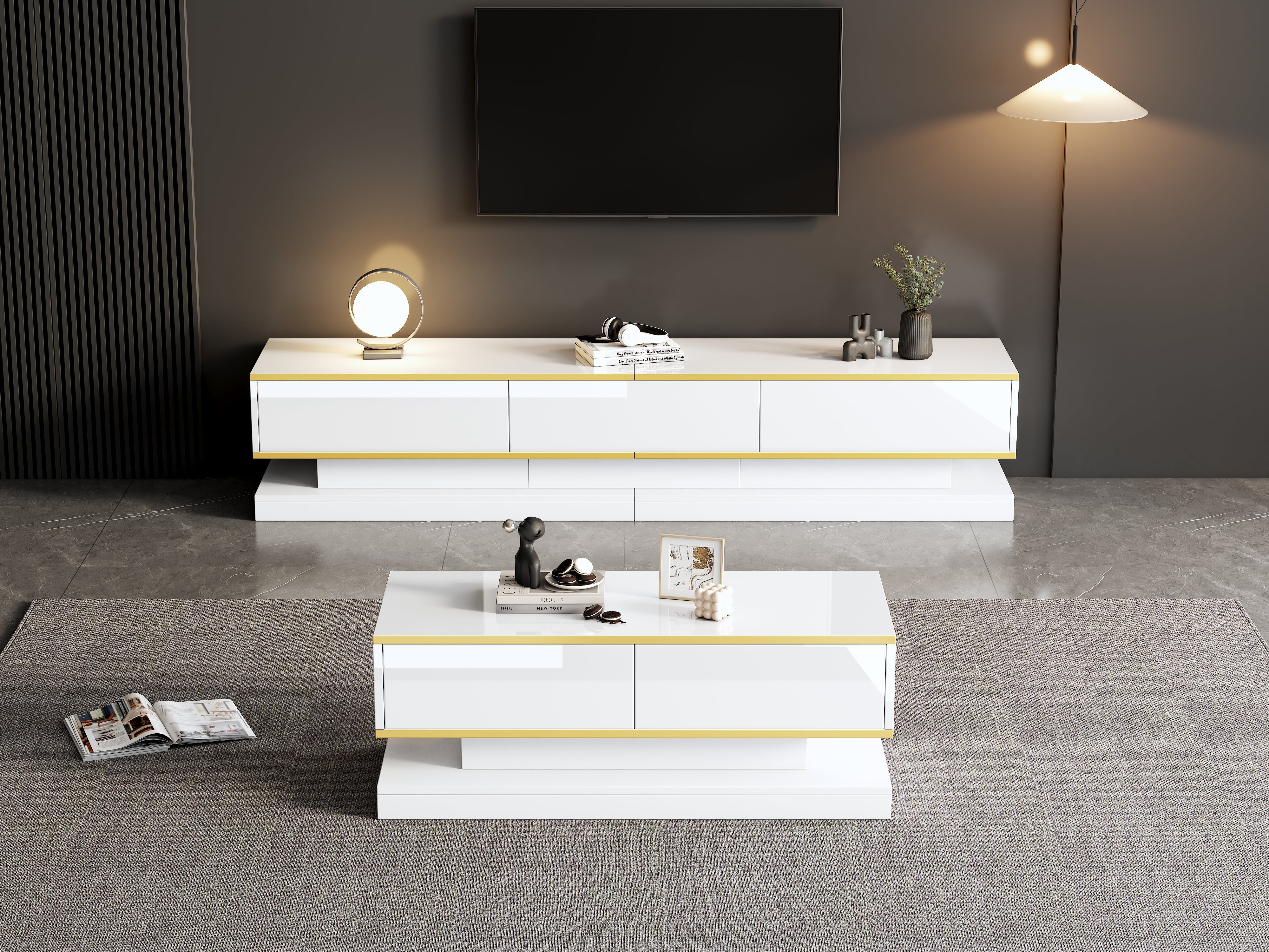 TV Stand & Coffee Table Set with 3-Drawer TV Console & 2-Drawer Coffee Table, White High Gloss & Gold