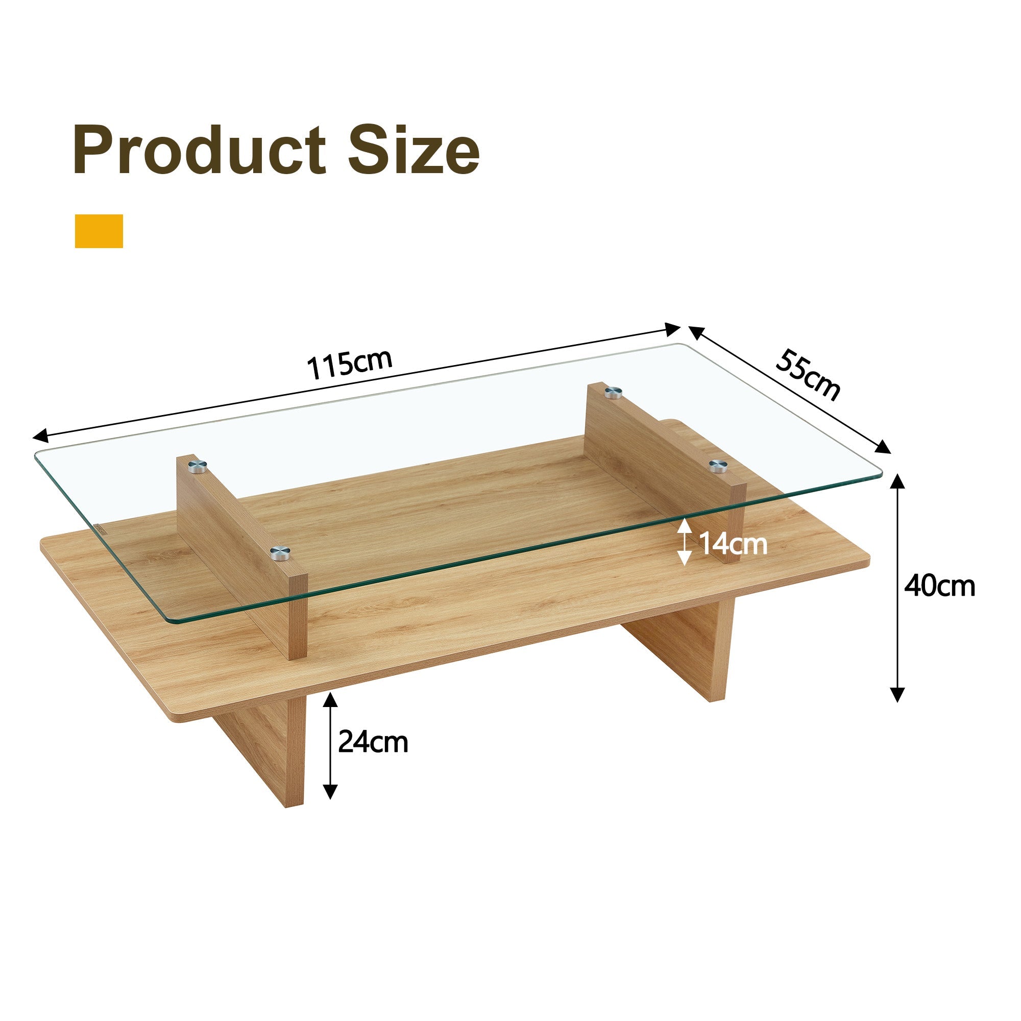 Two-Layer Coffee Table with Tempered Glass and Sturdy MDF Frame, Natural Wood Finish