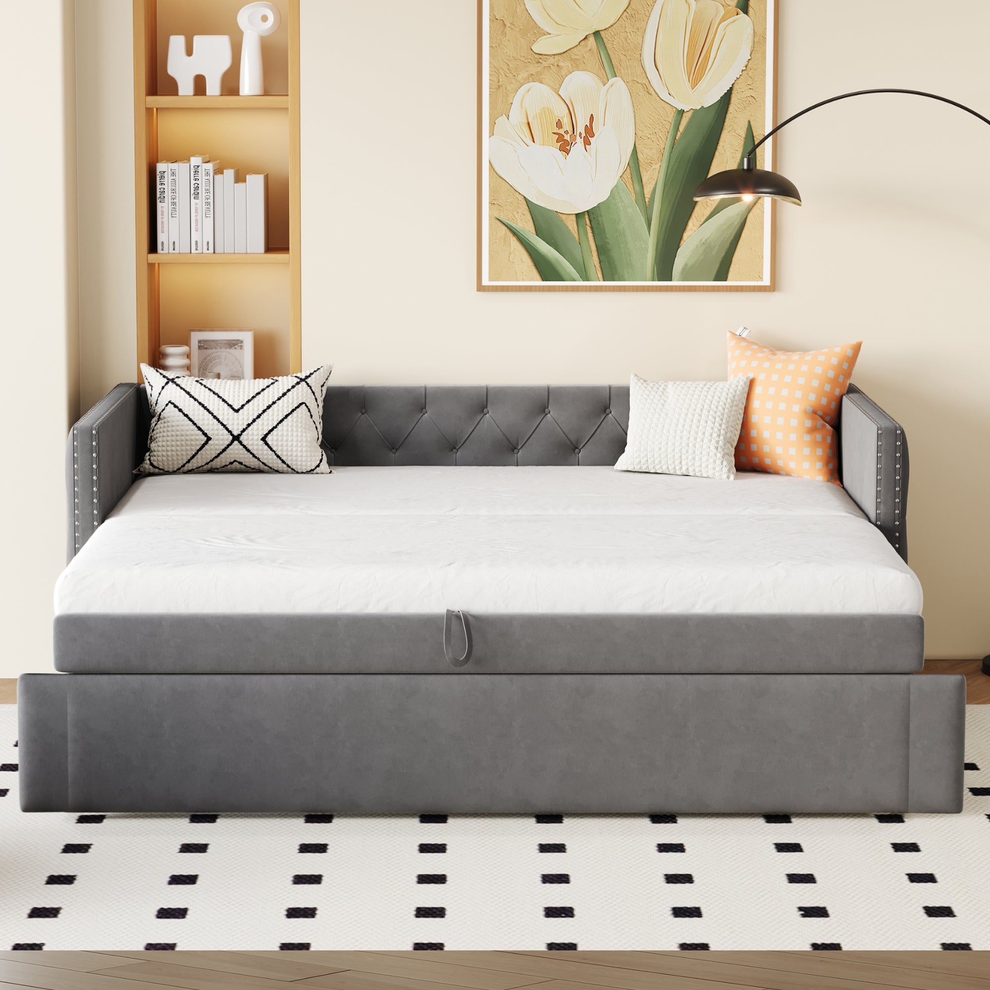Upholstered Extendable Sofa Bed 90x200cm Multifunctional Slatted Base - Grey Velvet