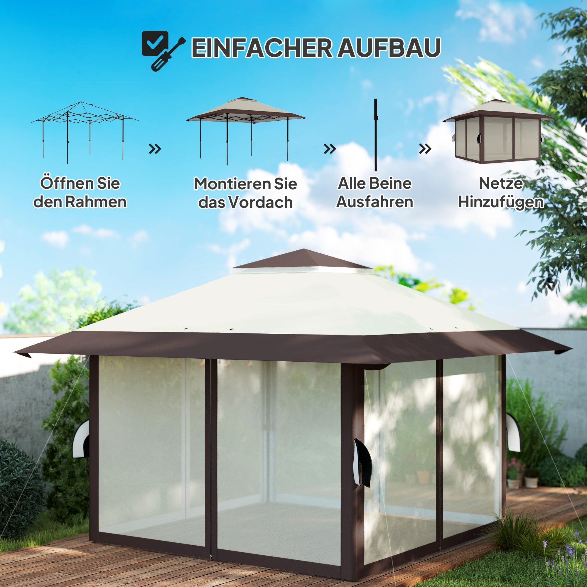 4x4m Pop-Up Pavilion, Height Adjustable, UV 50+ Mesh Walls, Beige