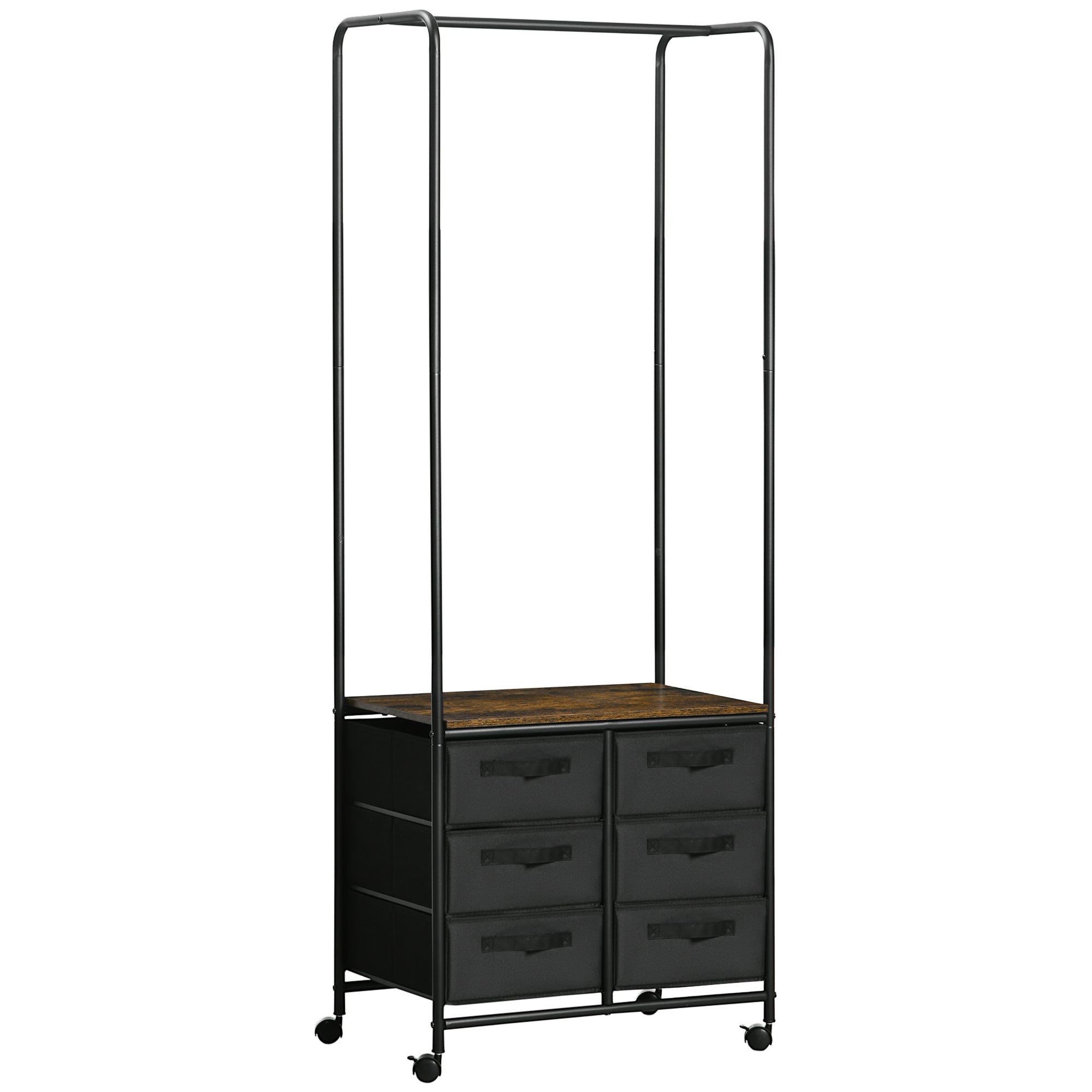 Industrial Clothes Rail with 6 Fabric Drawers Open Wardrobe, Rustic Brown