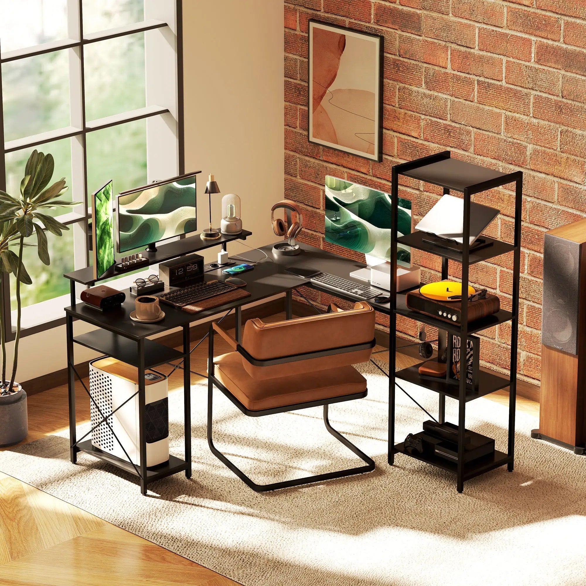 Desk L-Shaped Corner with 6 Shelves Monitor Stand USB Power Outlet, Black