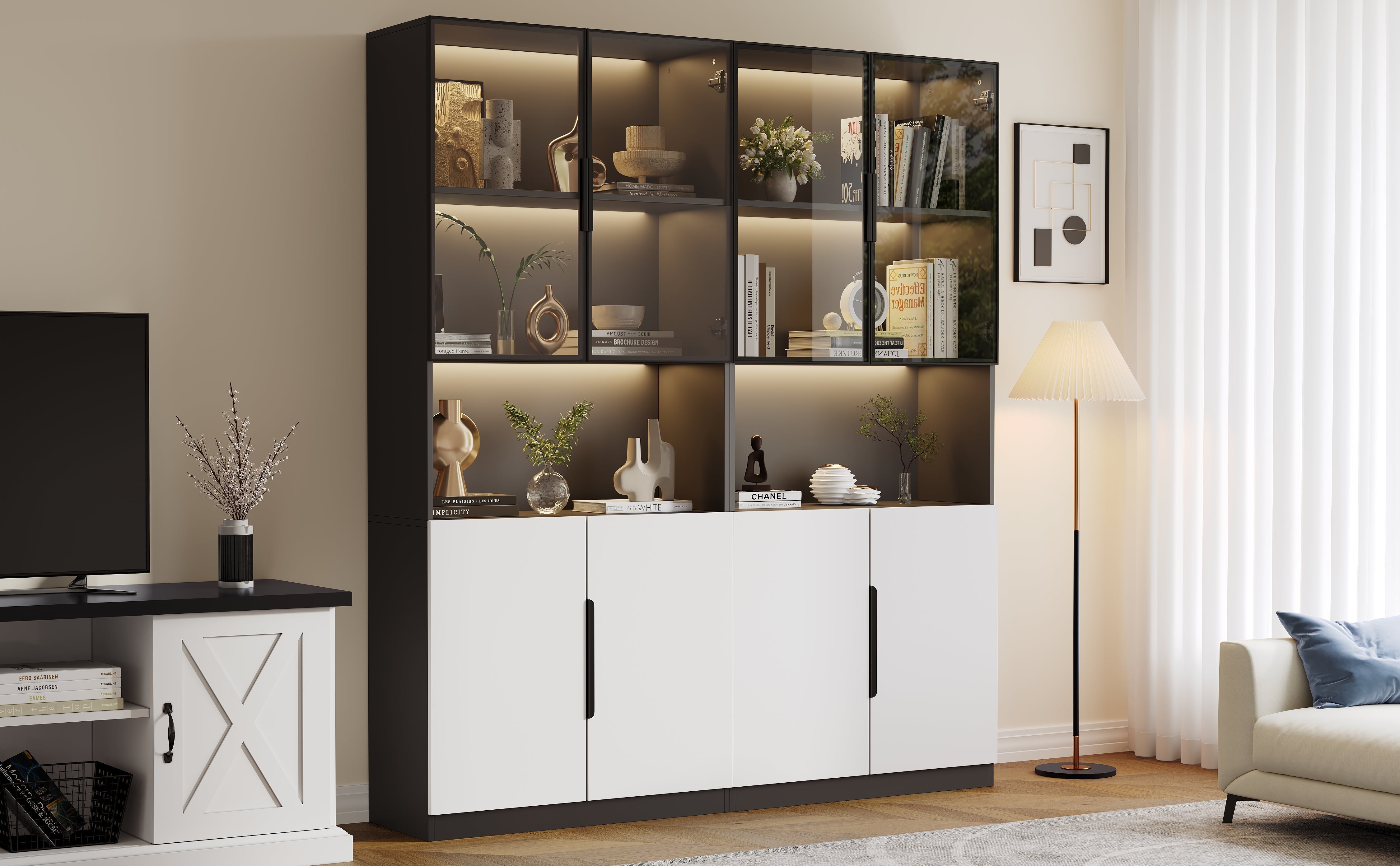 Display Cabinet Modern Minimalist Glass Doors LED Lights Adjustable - White/Black