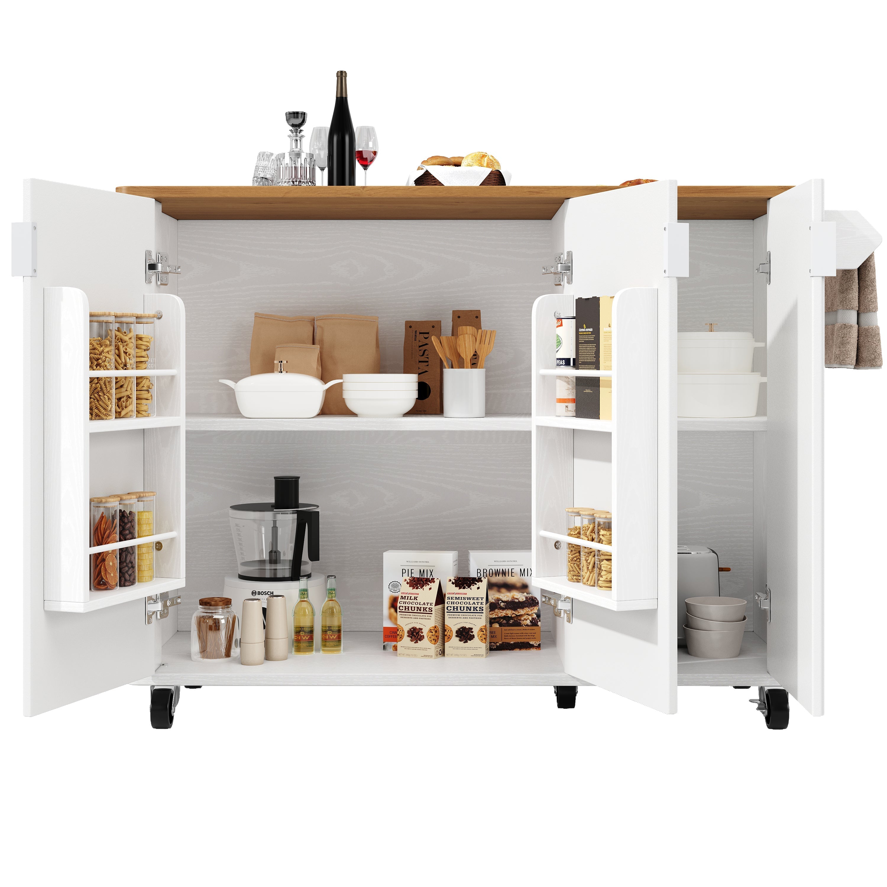 Kitchen Island Trolley Extendable on Wheels Buffet Storage Adjustable Dividers 3 Doors White/Black