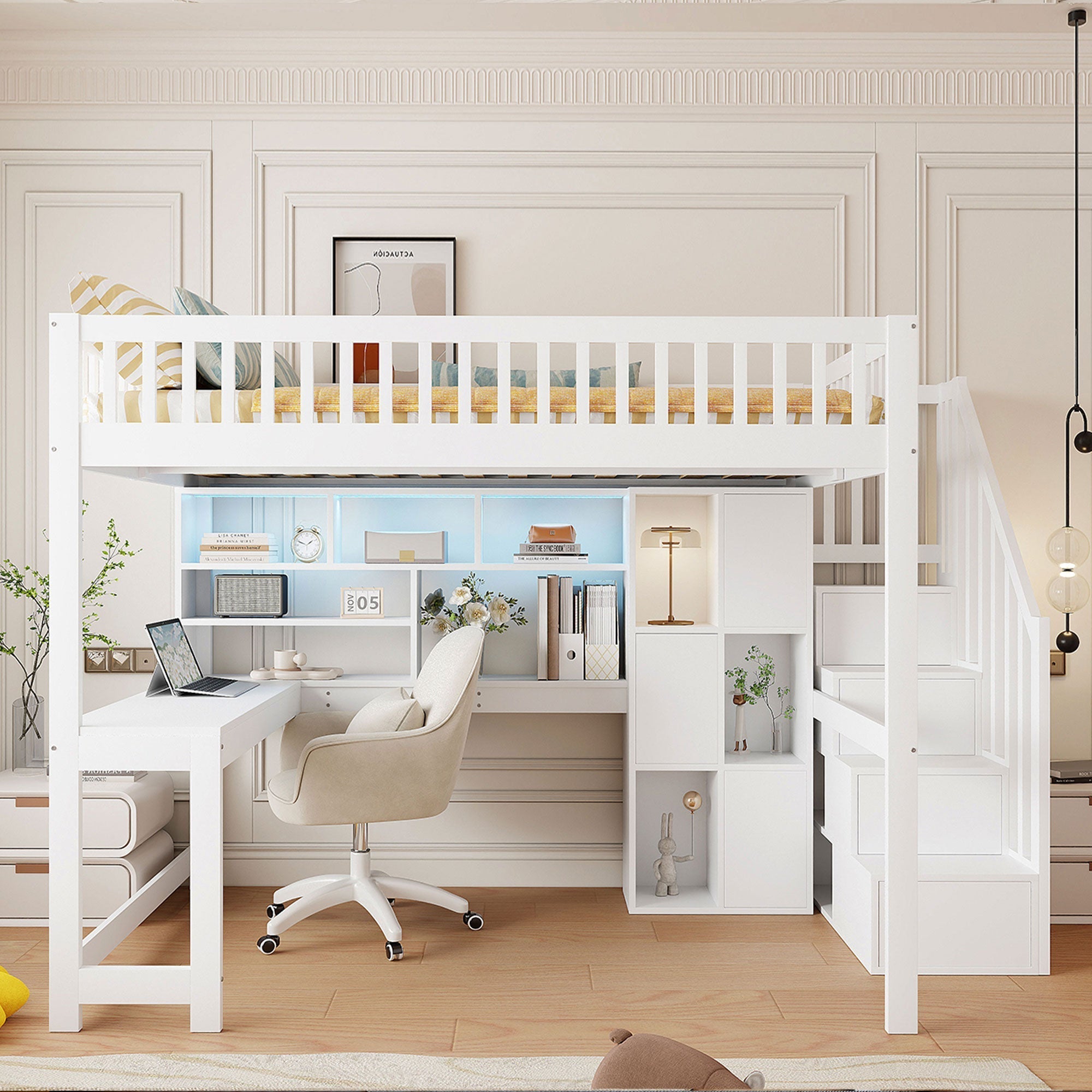 Loft Bed with LED Lights, Storage Ladder, Shelves and Desk, 140x200cm, White