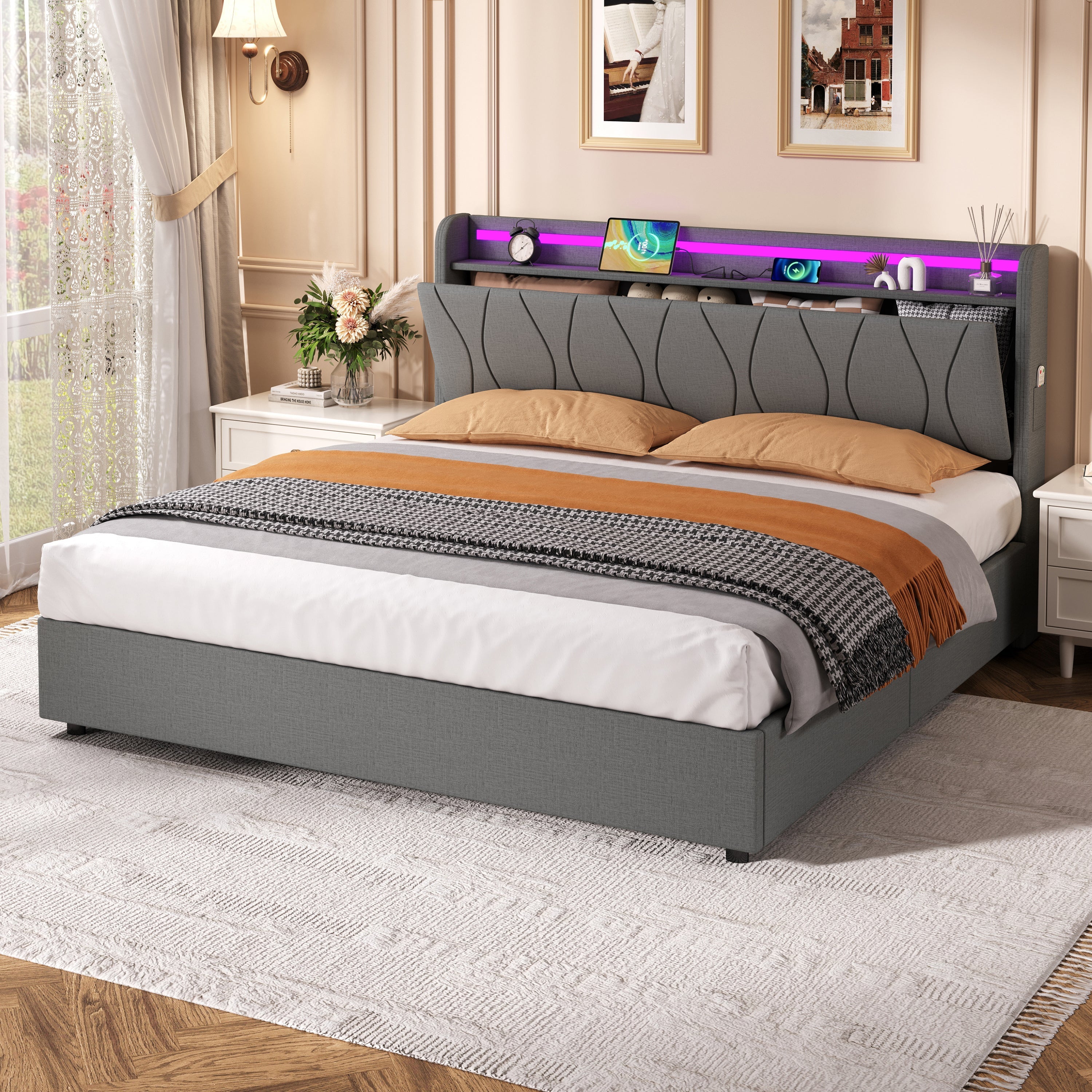 5ft King Upholstered Bed Frame, Hydraulic Storage LED Headboard with Charging Station, Linen Grey