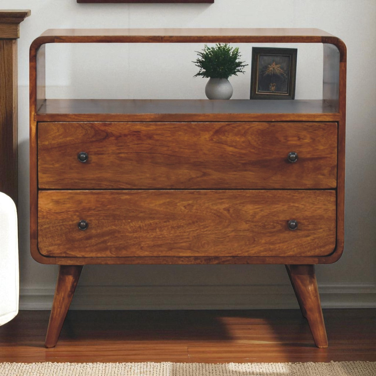Solid Wood Chest, Curved Nordic Charm 2 Drawers 1 Open Slot, Dark Brown