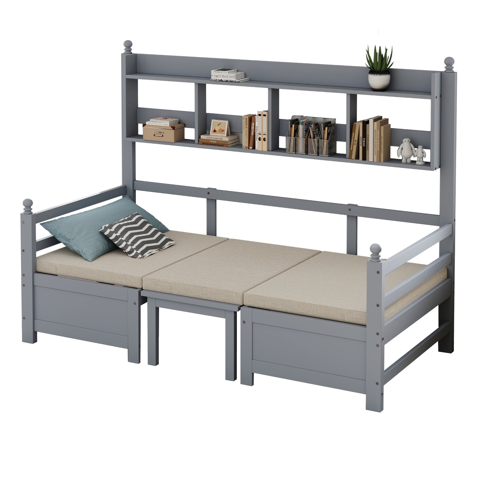 Sofa Bed, Multifunctional 2-in-1 Bed & Desk with Bookshelf, Solid Wood Gray