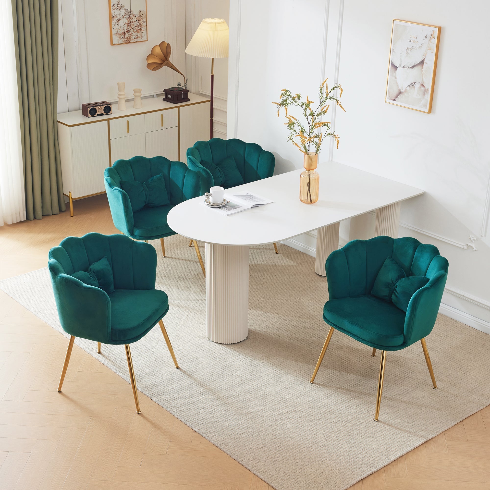 Velvet Chairs, Set of 4 Modern Upholstered with Petal Backs, Gold Metal Legs