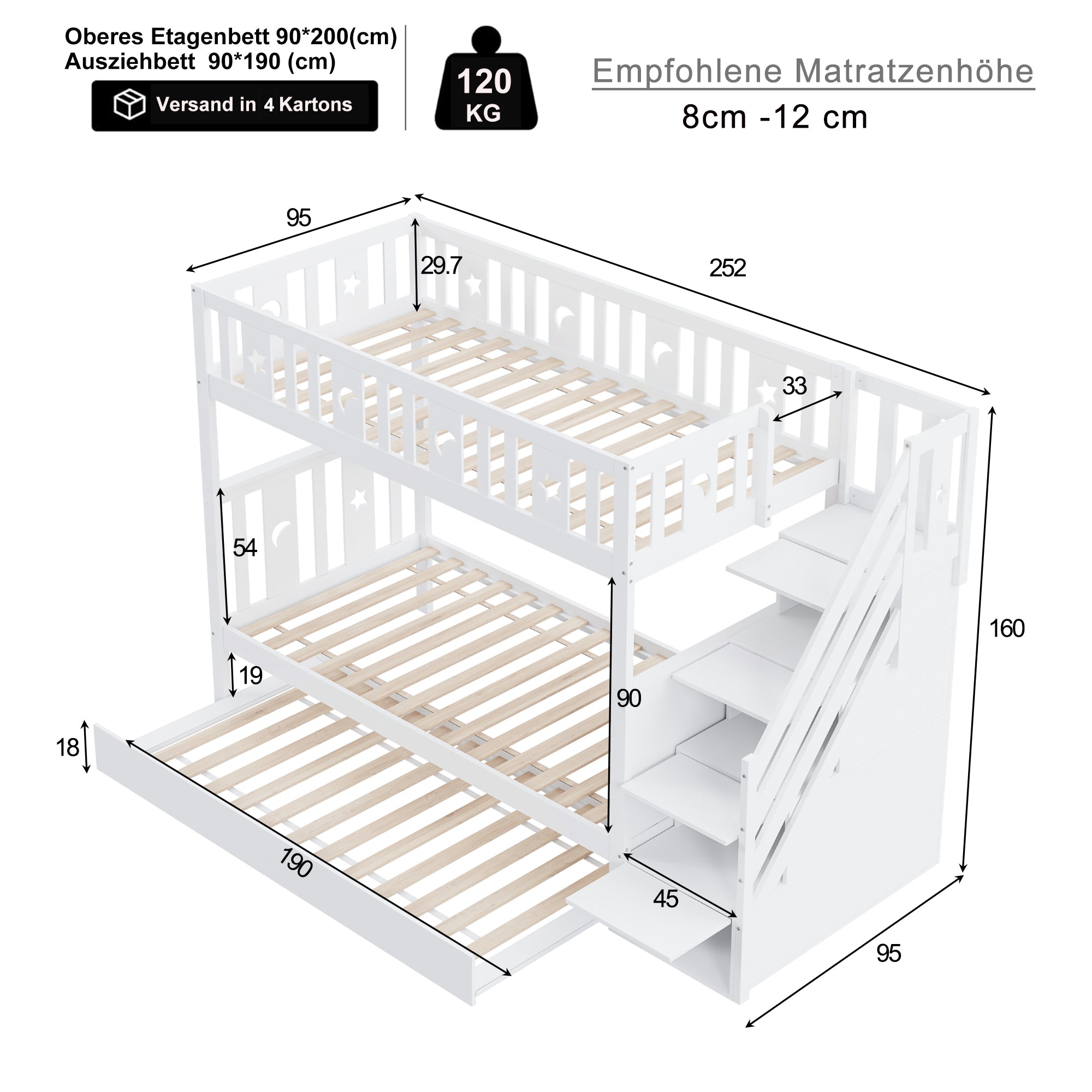Children's Bunk Bed, 90*200 cm with Pull-out Bed, Safety & Storage Stairs, Solid Wood White