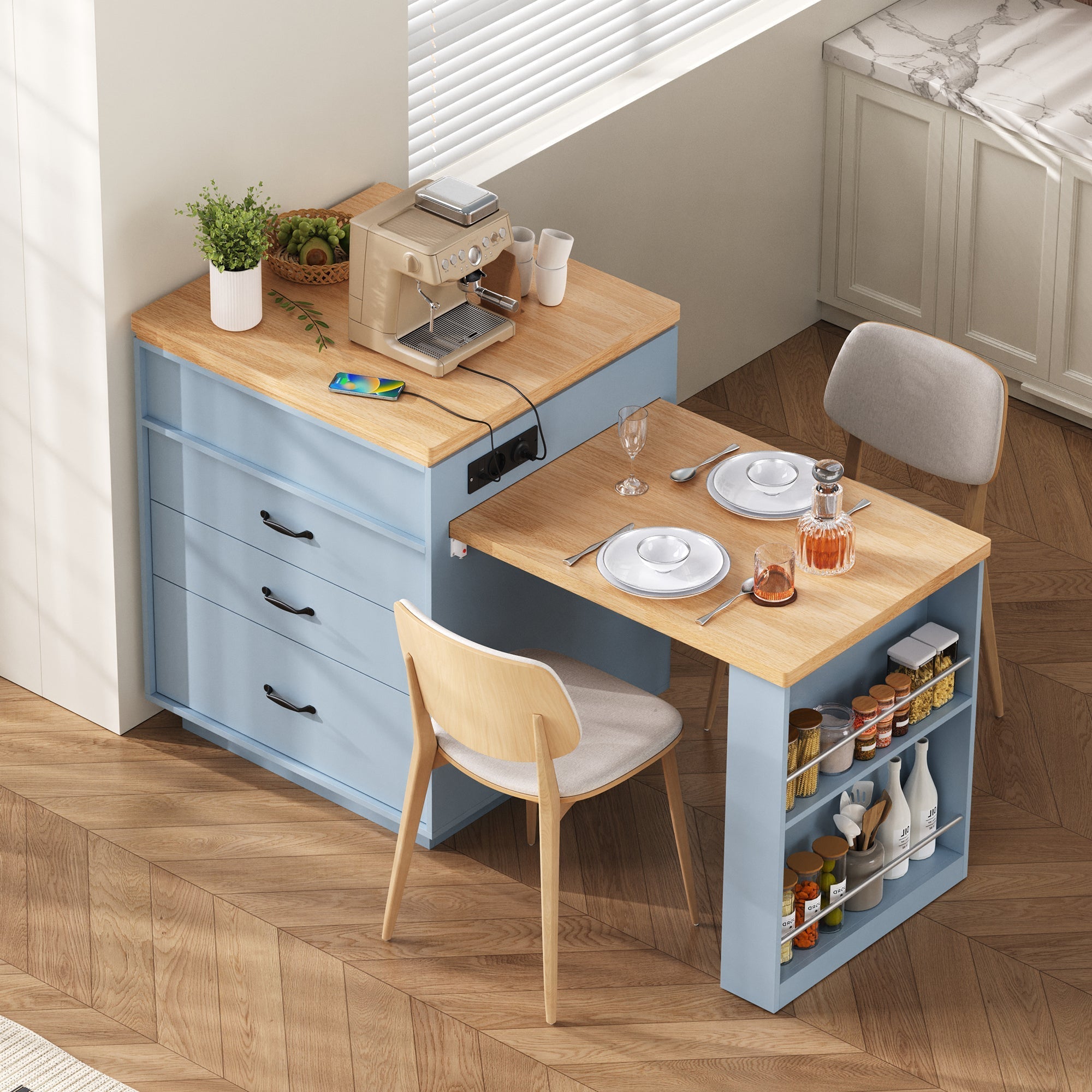Kitchen Island Extendable Dining Table with LED & Power Strips - Blue