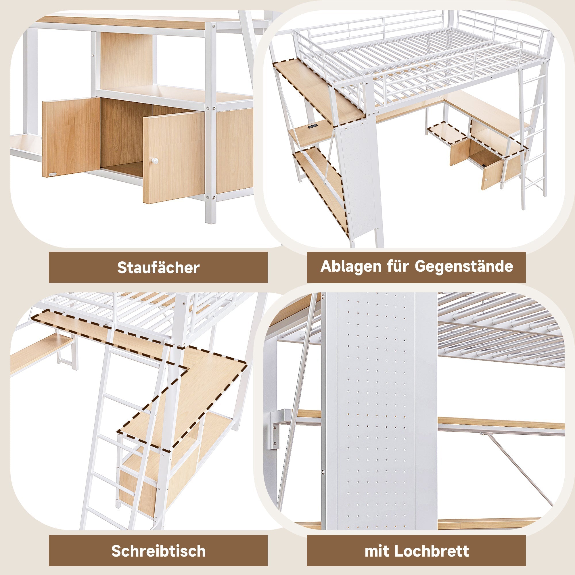 Loft Bed with Desk, LED Lights, Storage and USB Port, 140 x 200 cm, White Iron Frame
