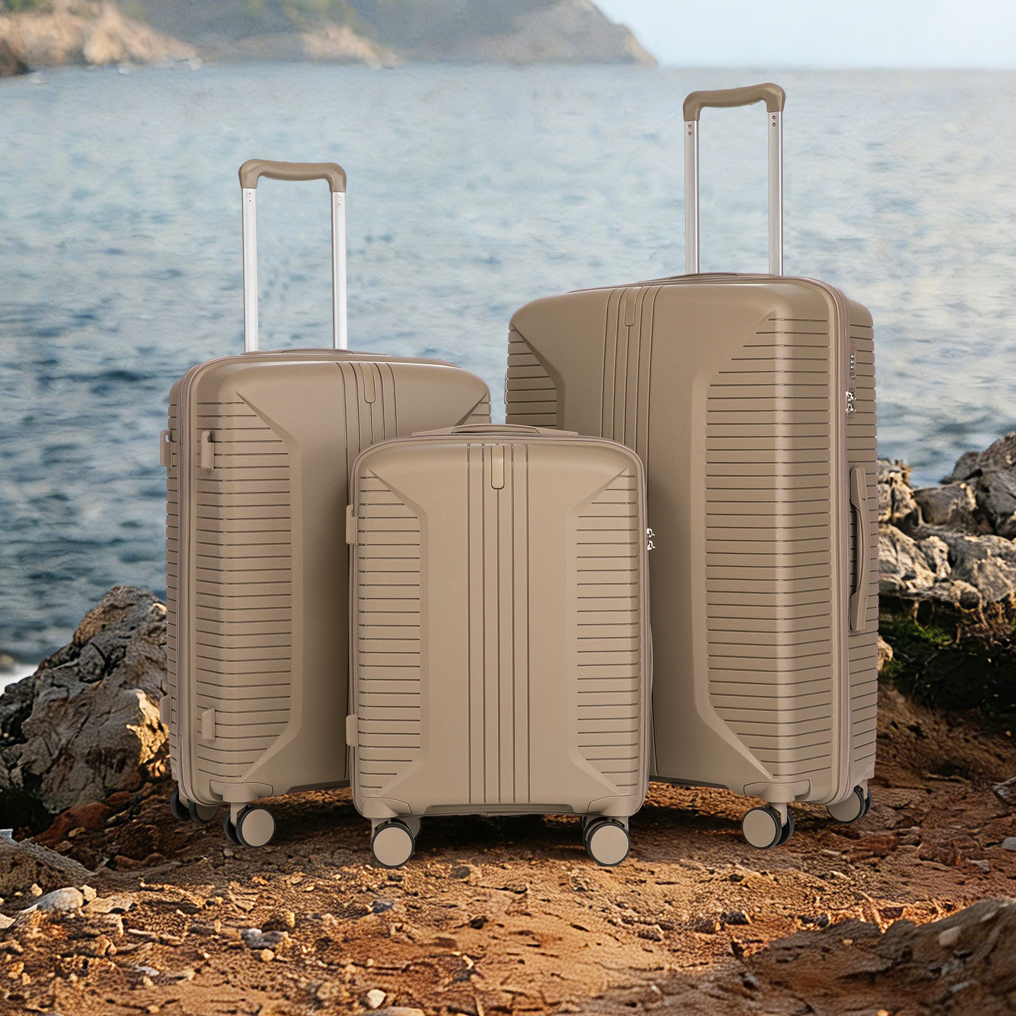 3-Piece Luggage Set 20"/24"/28" PP Spinner with Combination Lock - Champagne
