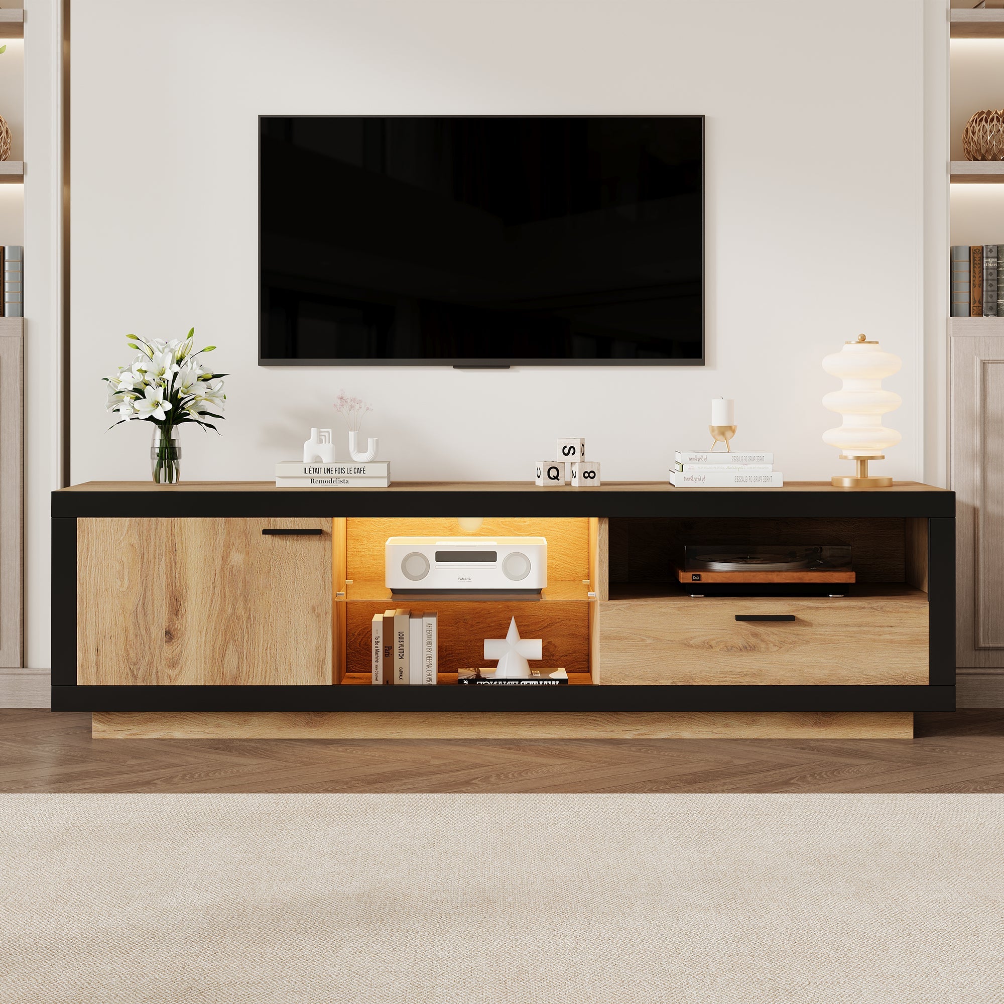 LED TV Cabinet Lowboard Console with Glass Shelves Storage for 70/65/55 Inch TVs, Black + Oak