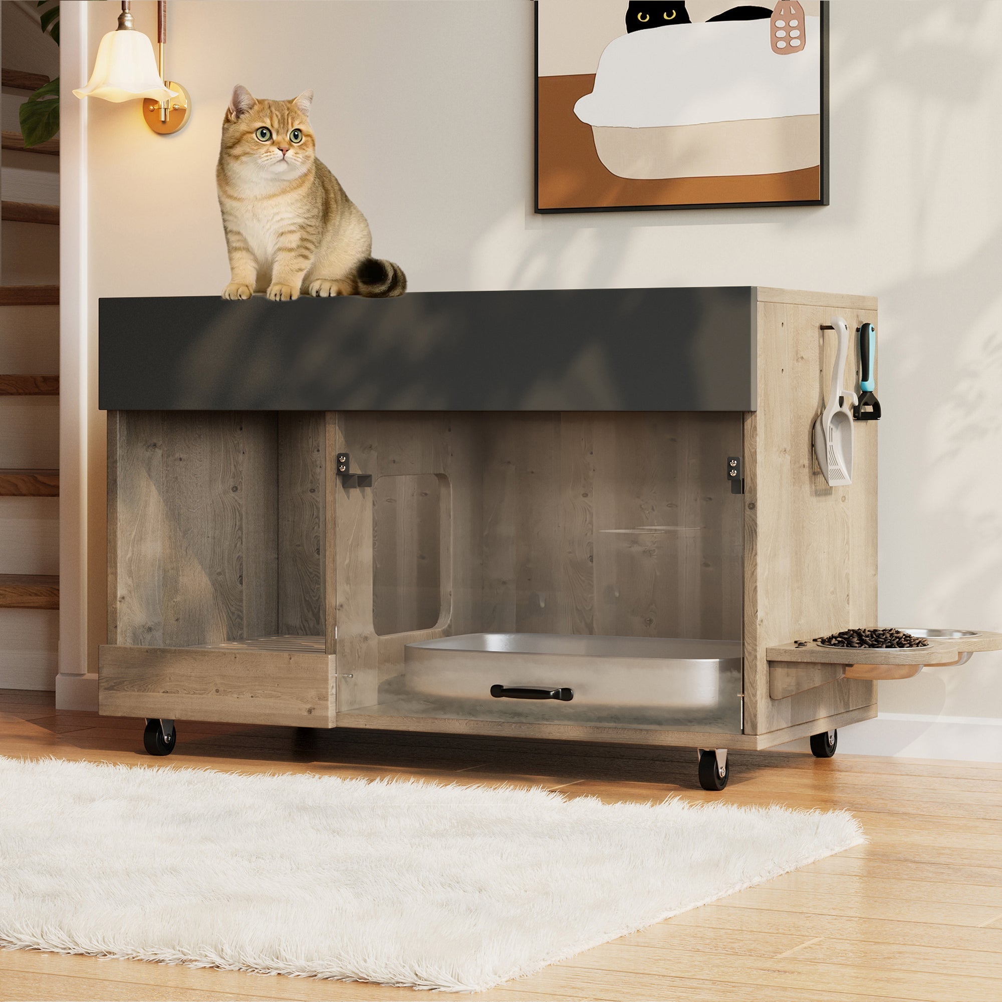 Movable Cat Litter Box Cabinet Food Bowls Sand Tray Pegboard 100x45.5x67cm - Oak