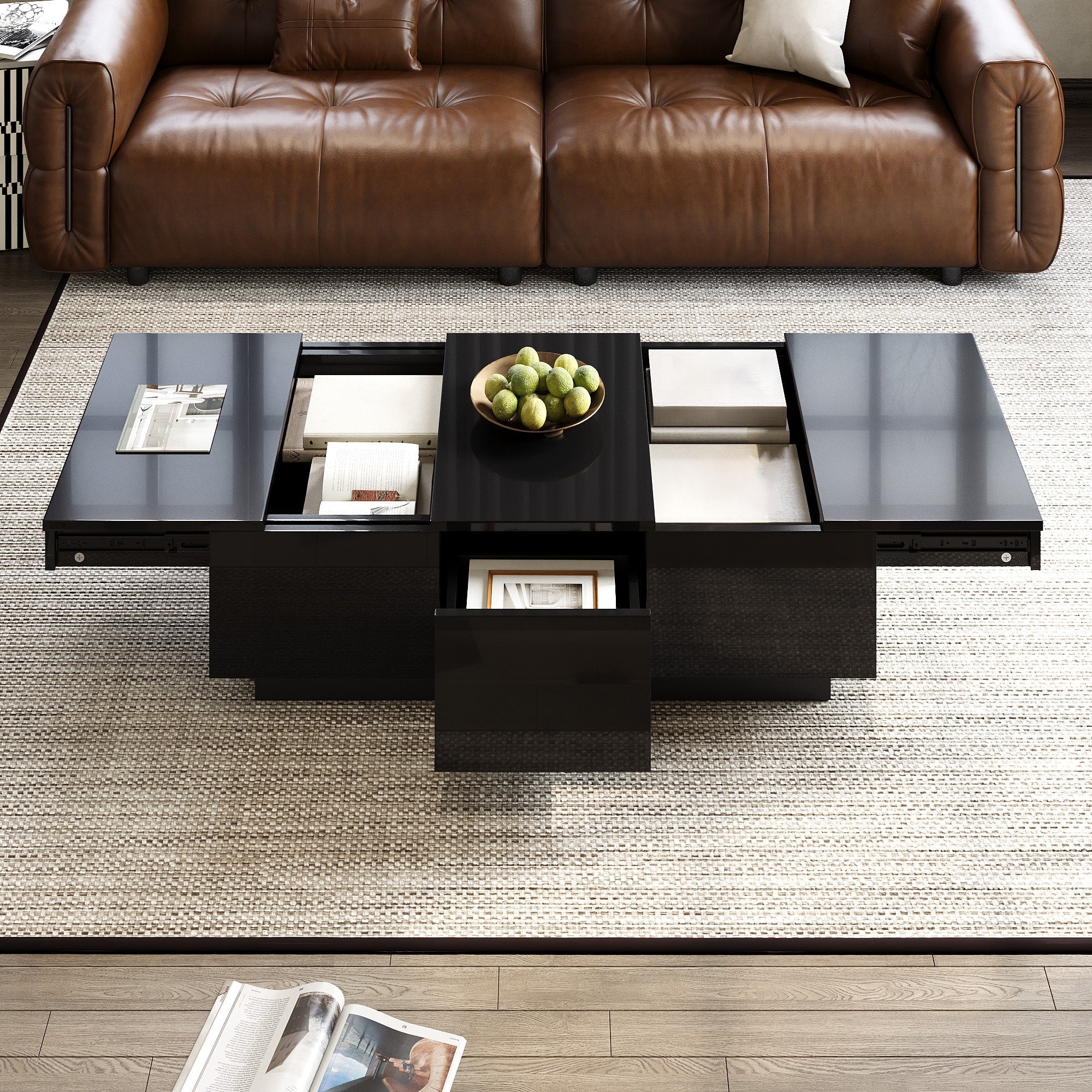 Coffee Table Modern Rectangular High-Gloss with Drawers Sliding Compartment Black