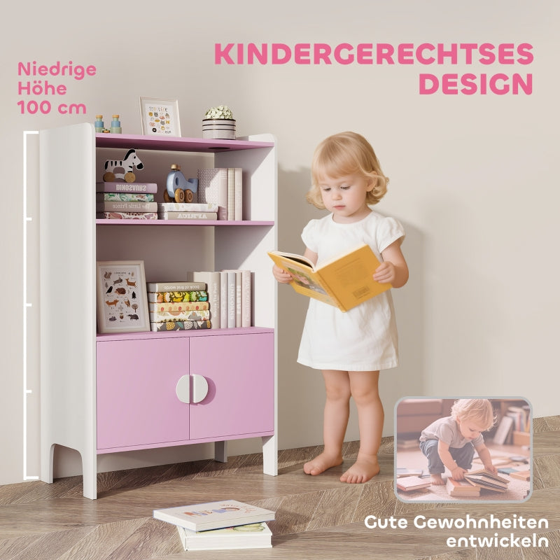 Kinderbücherregal, 2 Ablagen 2 Schränke freistehend, Pink+Weiß MDF