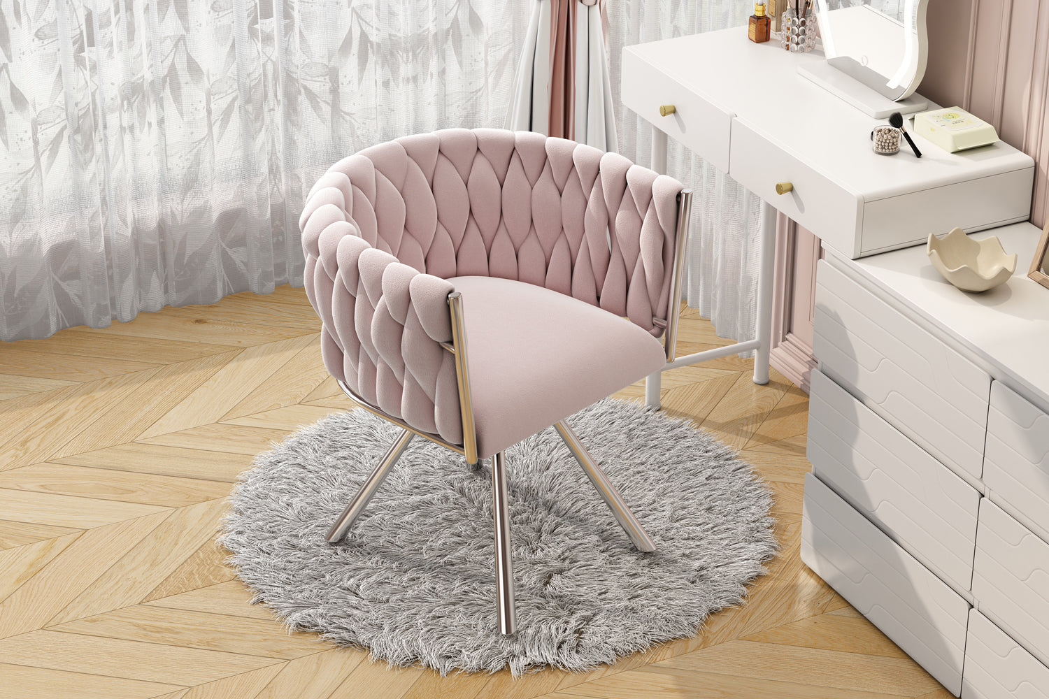 Velvet Vanity Chair Luxury Swivel Metal Legs - Pink