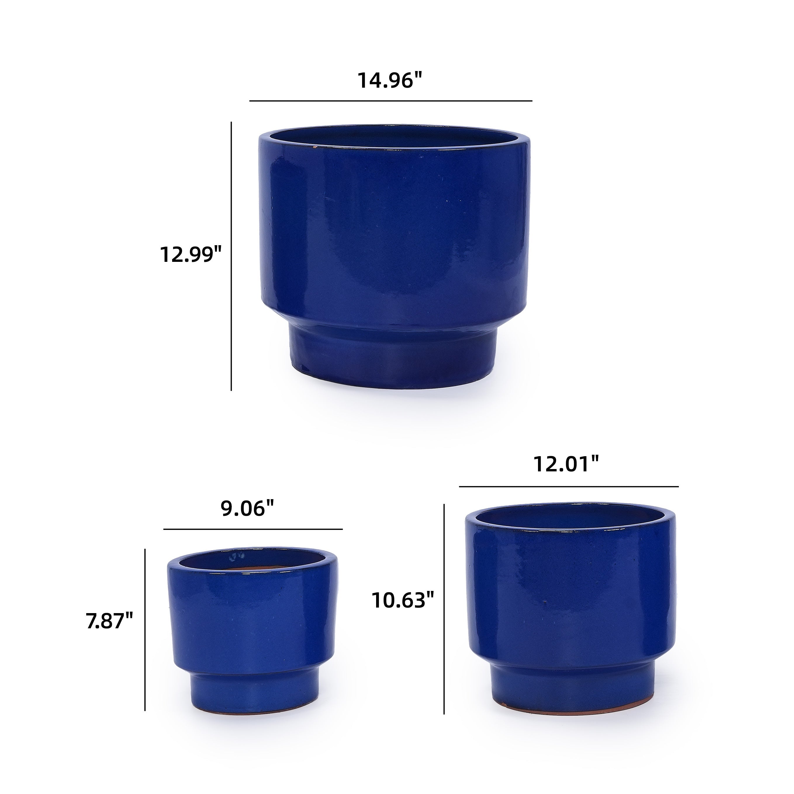 3-Piece Plant Pot Set, Handmade Sizes Ø 38.1/30.5/22.9 cm, Blue Glazed Ceramic