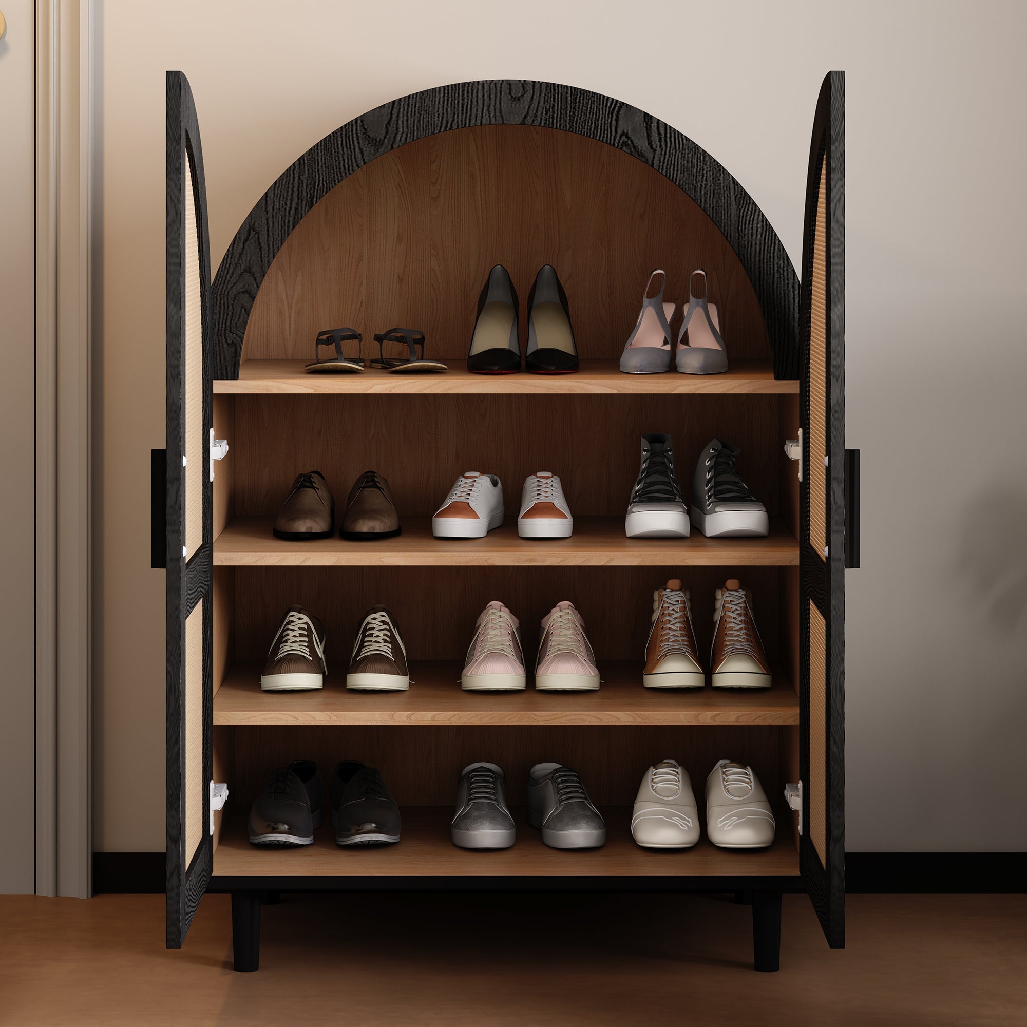 Elegant Sideboard/Shoe Cabinet, Rounded Exterior, Rattan Doors, 3 Shelves