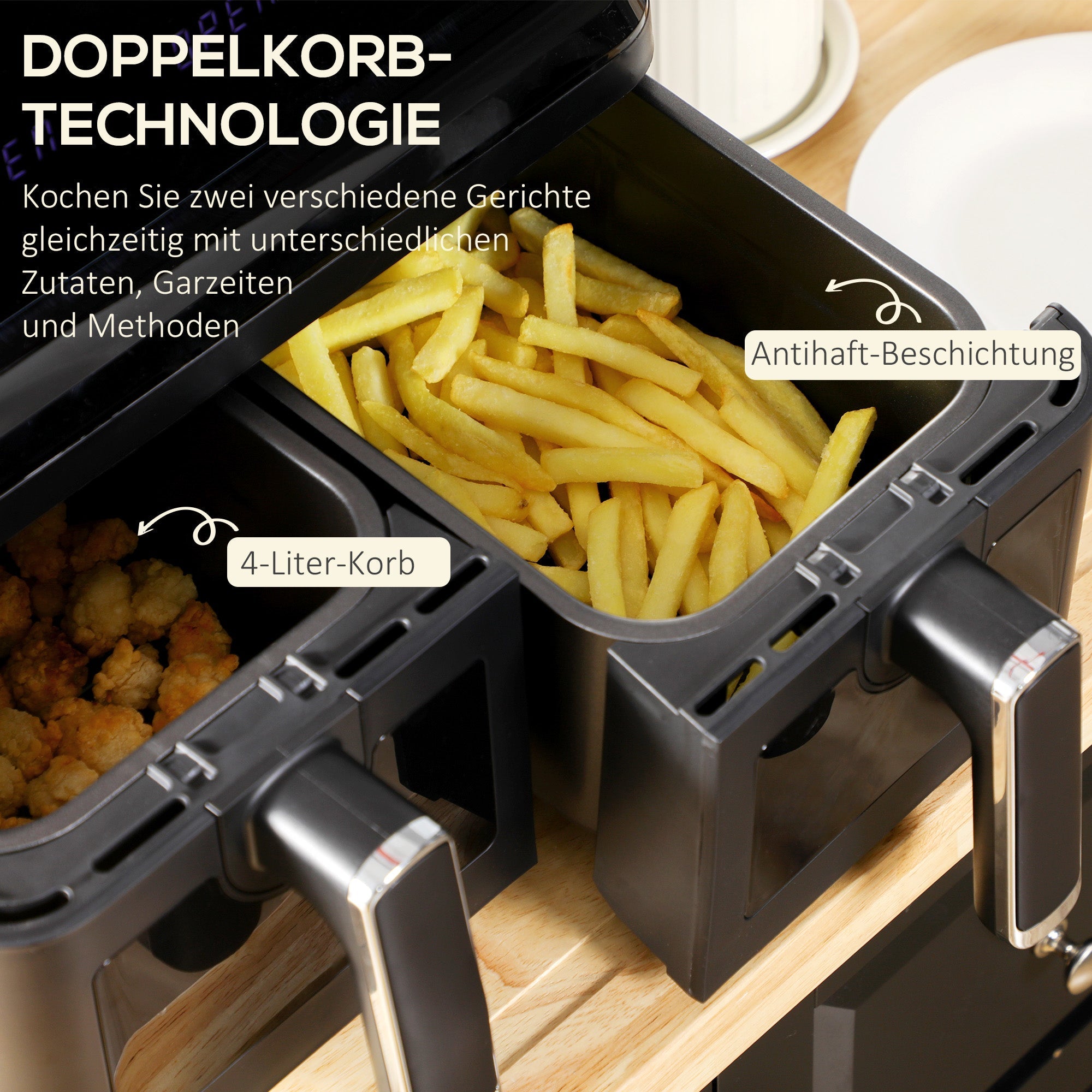 Air Fryer, Dual 4-Liter Baskets, 8 Programs, Black