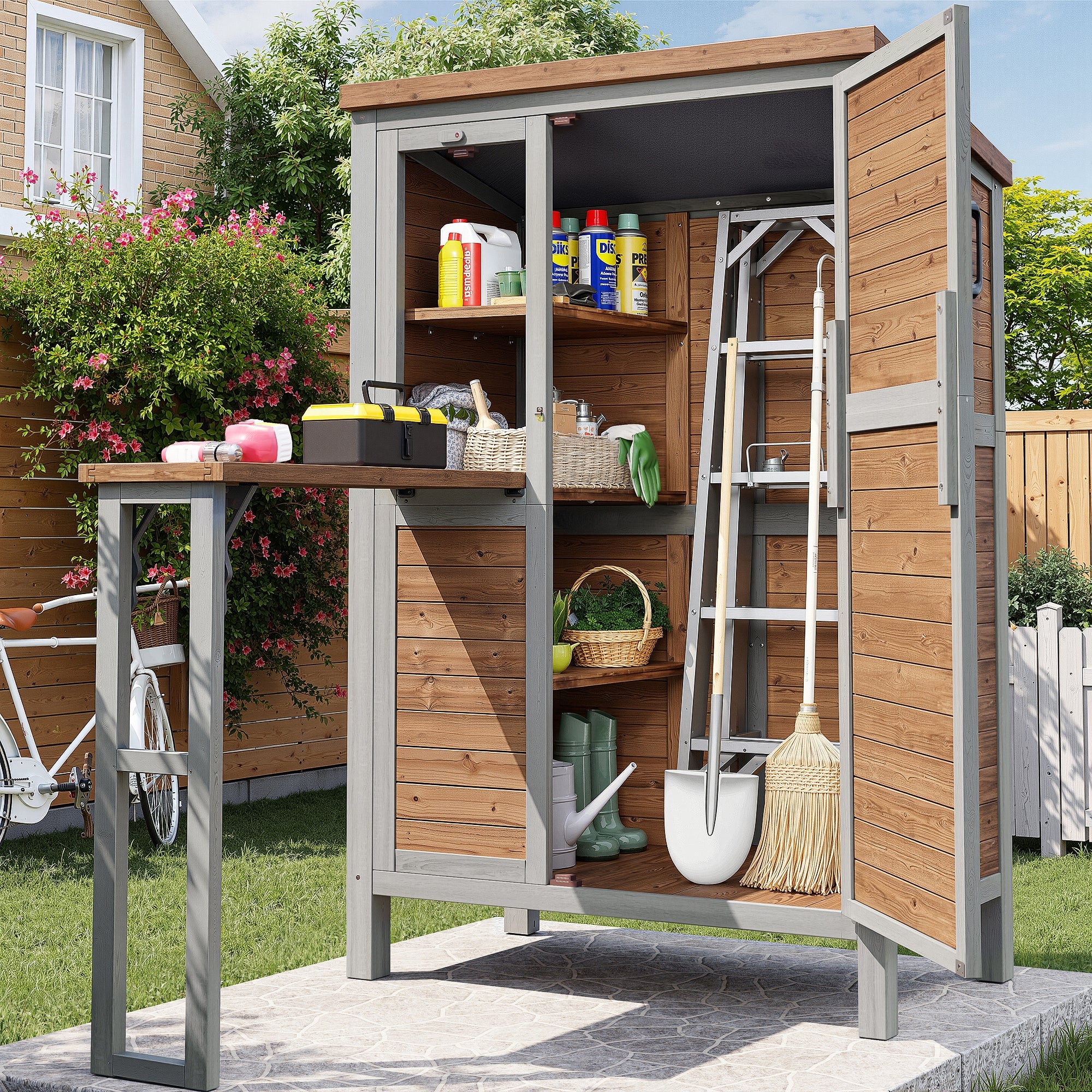 Outdoor Garden Cabinet with Fold-out Worktop and Adjustable Shelves, Fir Wood