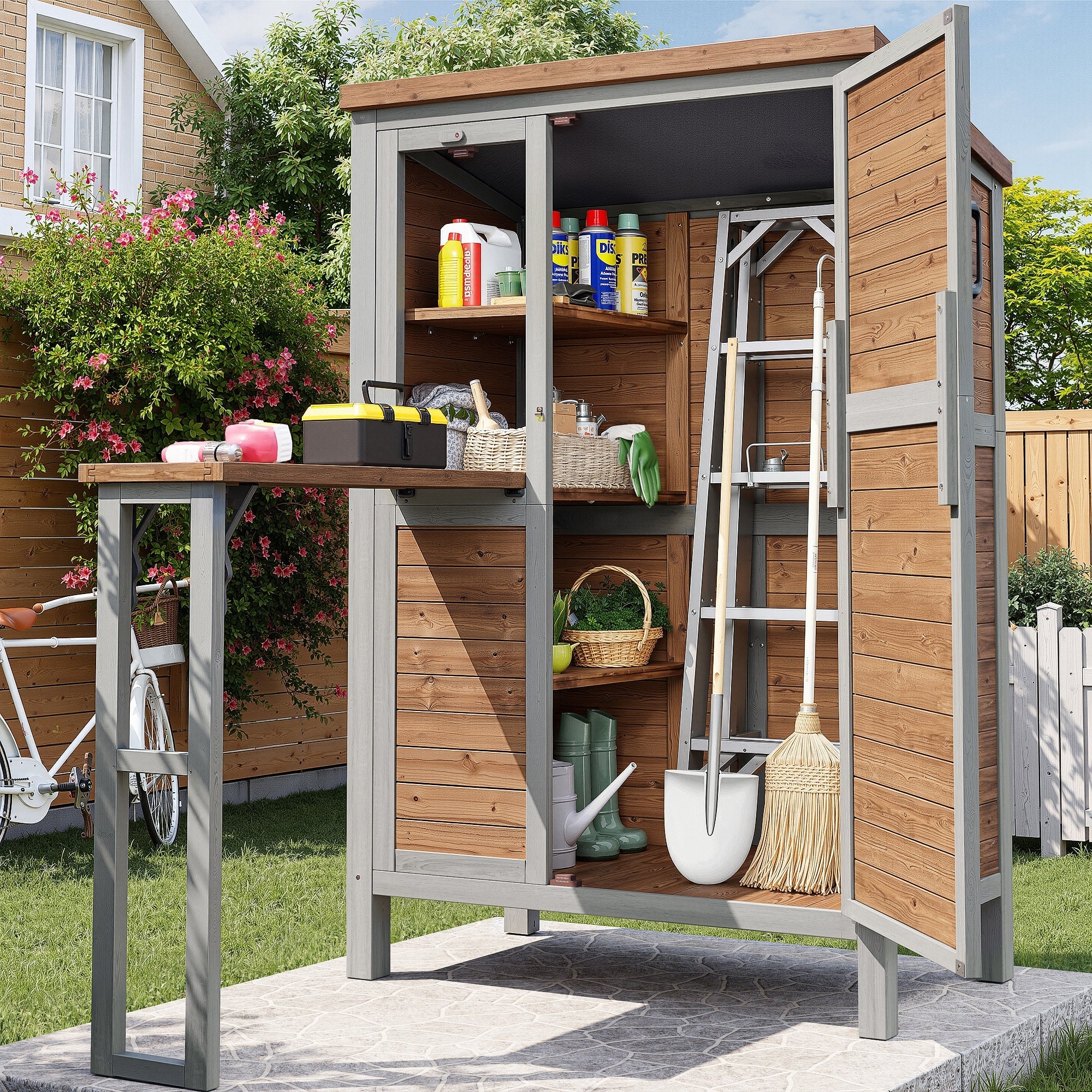 Outdoor Garden Cabinet with Fold-out Worktop and Adjustable Shelves, Fir Wood
