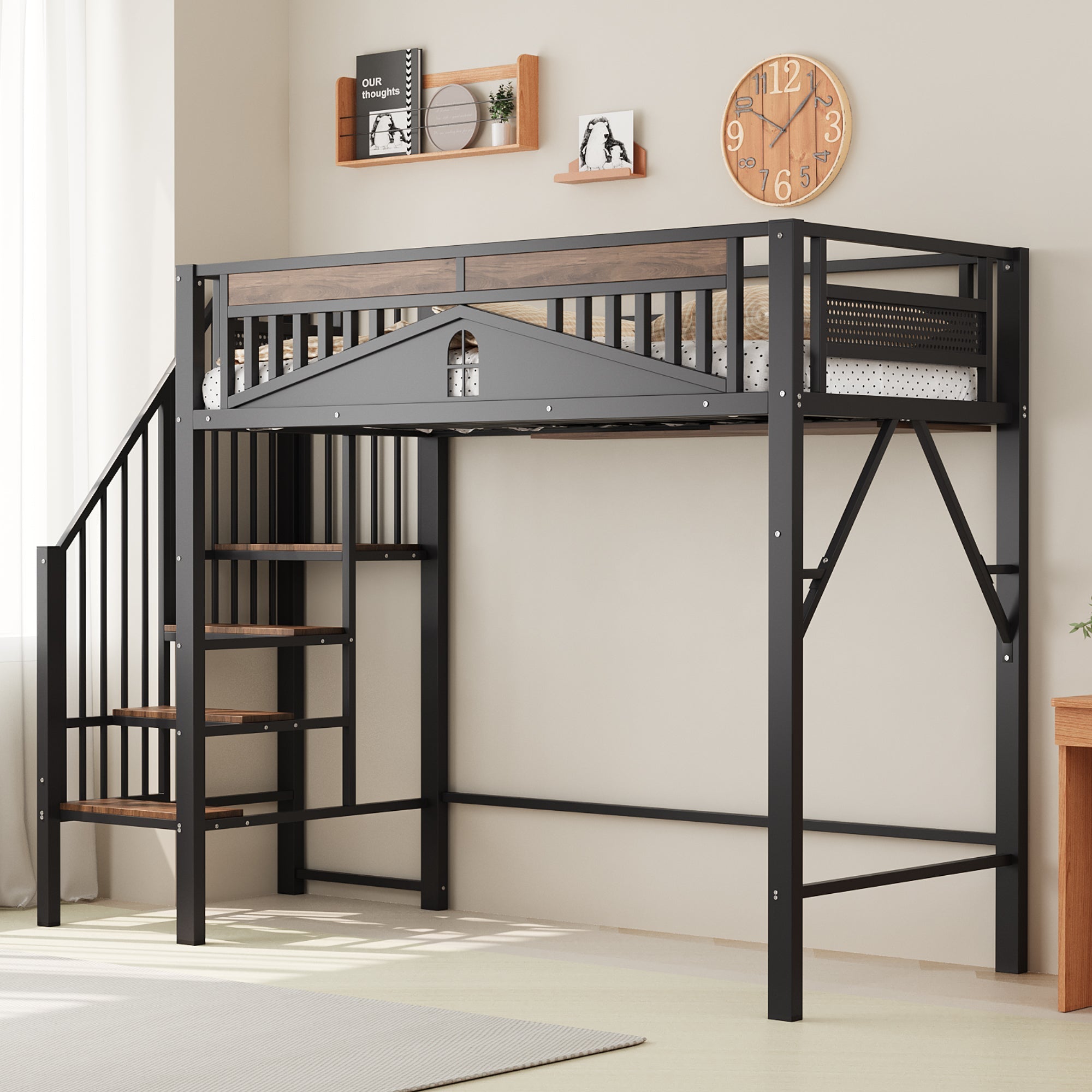 Metal Loft Bed 90x200cm Safety Railing Ladder Under-Bed Space, Black