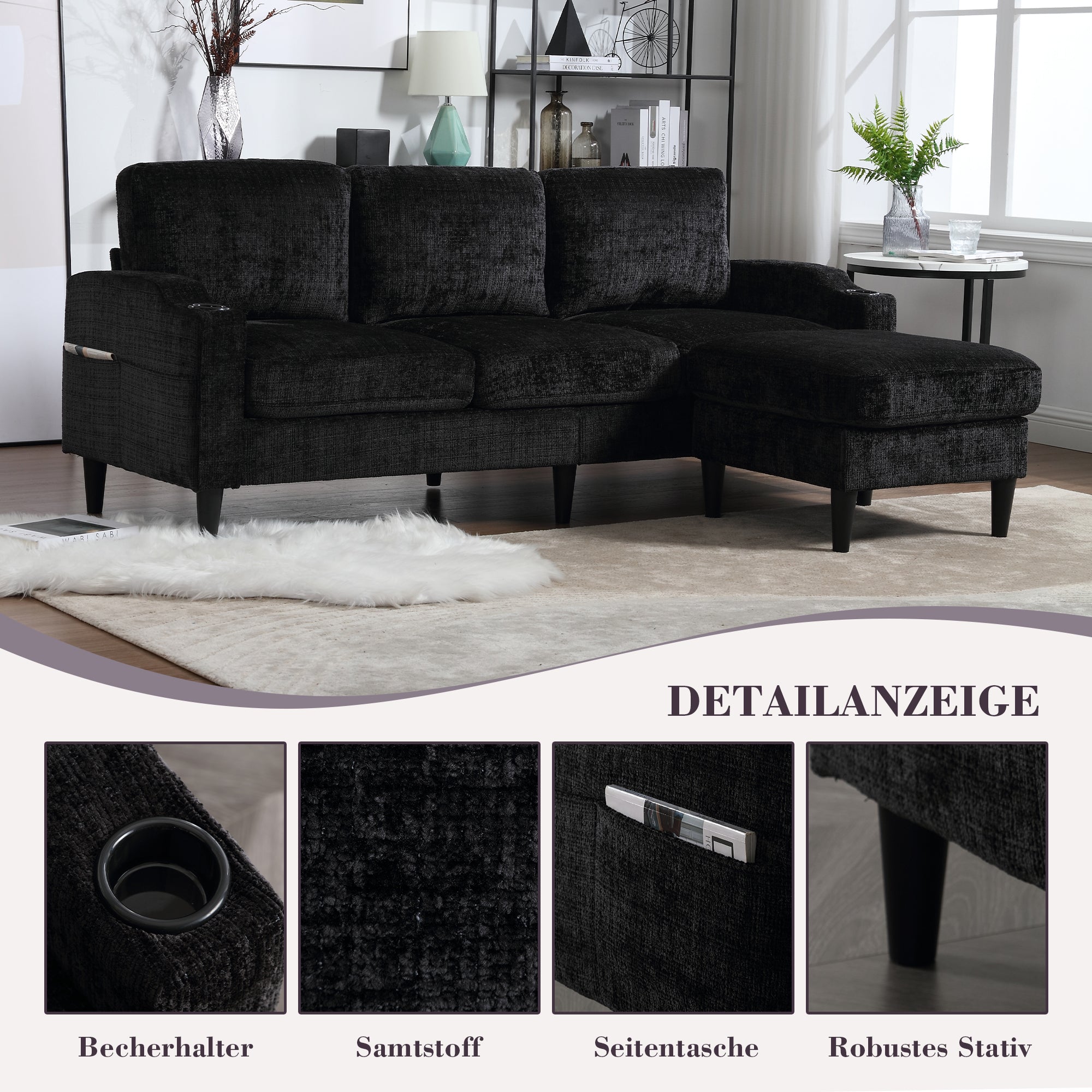 Sofa with Footstool & Storage, 4-Seater with Cup Holder, Velvet