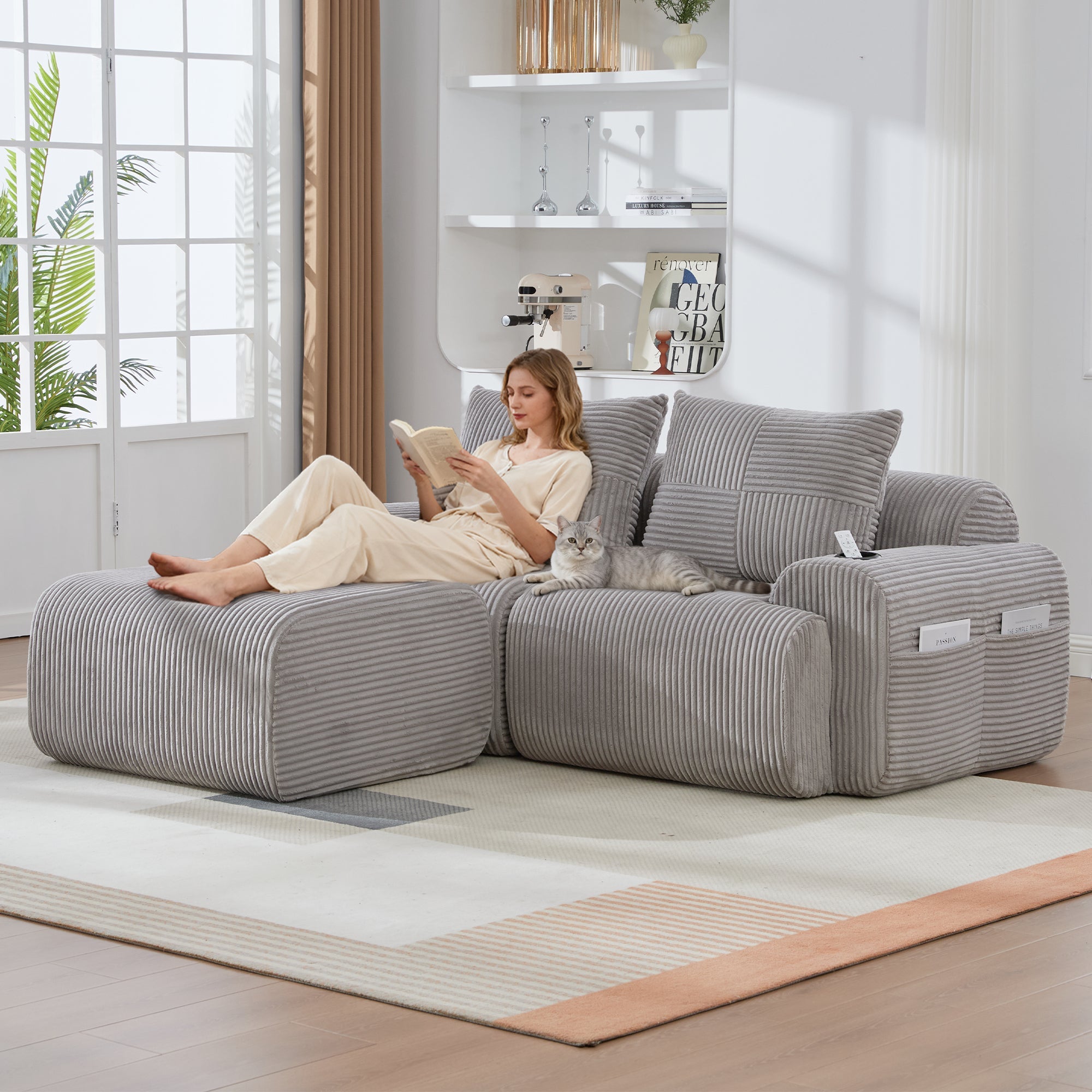 Modular Sofa for 2 People, Freely Combinable with Ottomans and Cup Holder, Light Grey Corduroy