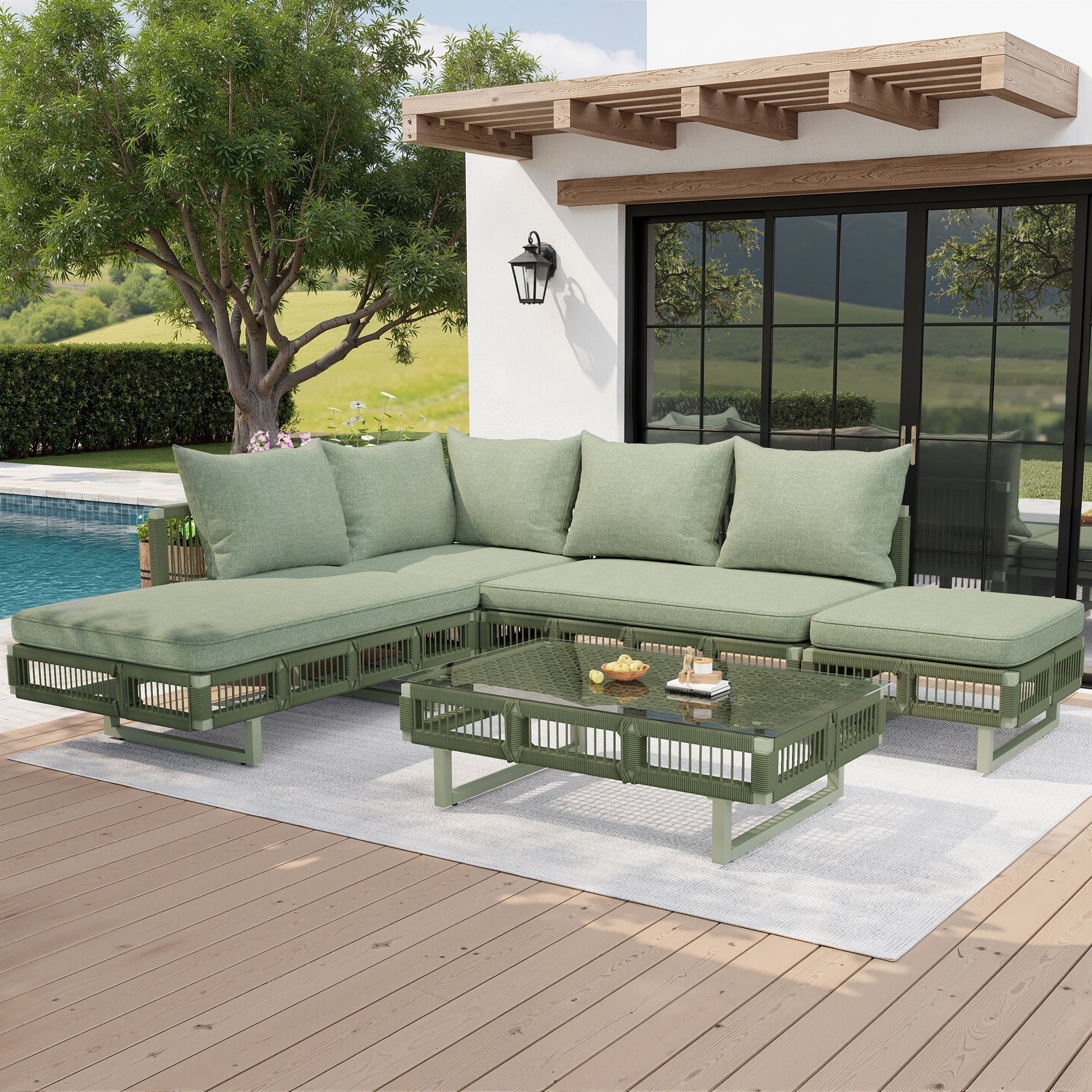 Outdoor Seating Group with Rope Weave, Adjustable Feet and Glass Coffee Table, Beige/Green