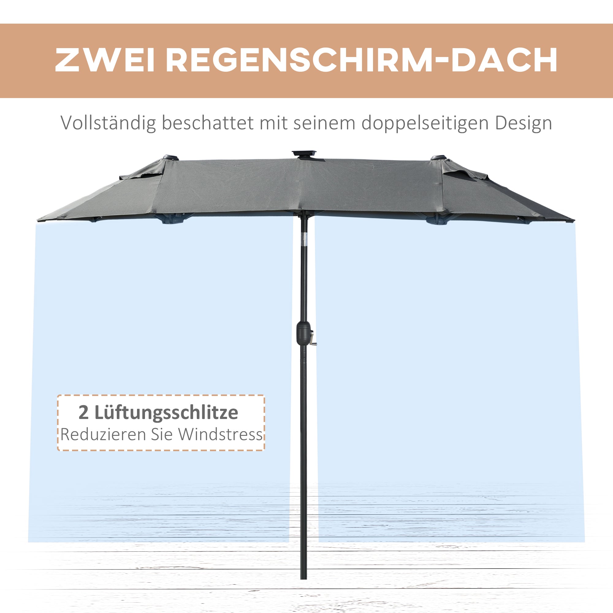 Double Parasol 295x219cm LED Windproof Adjustable Tilt Dark Grey/Polyester/Steel