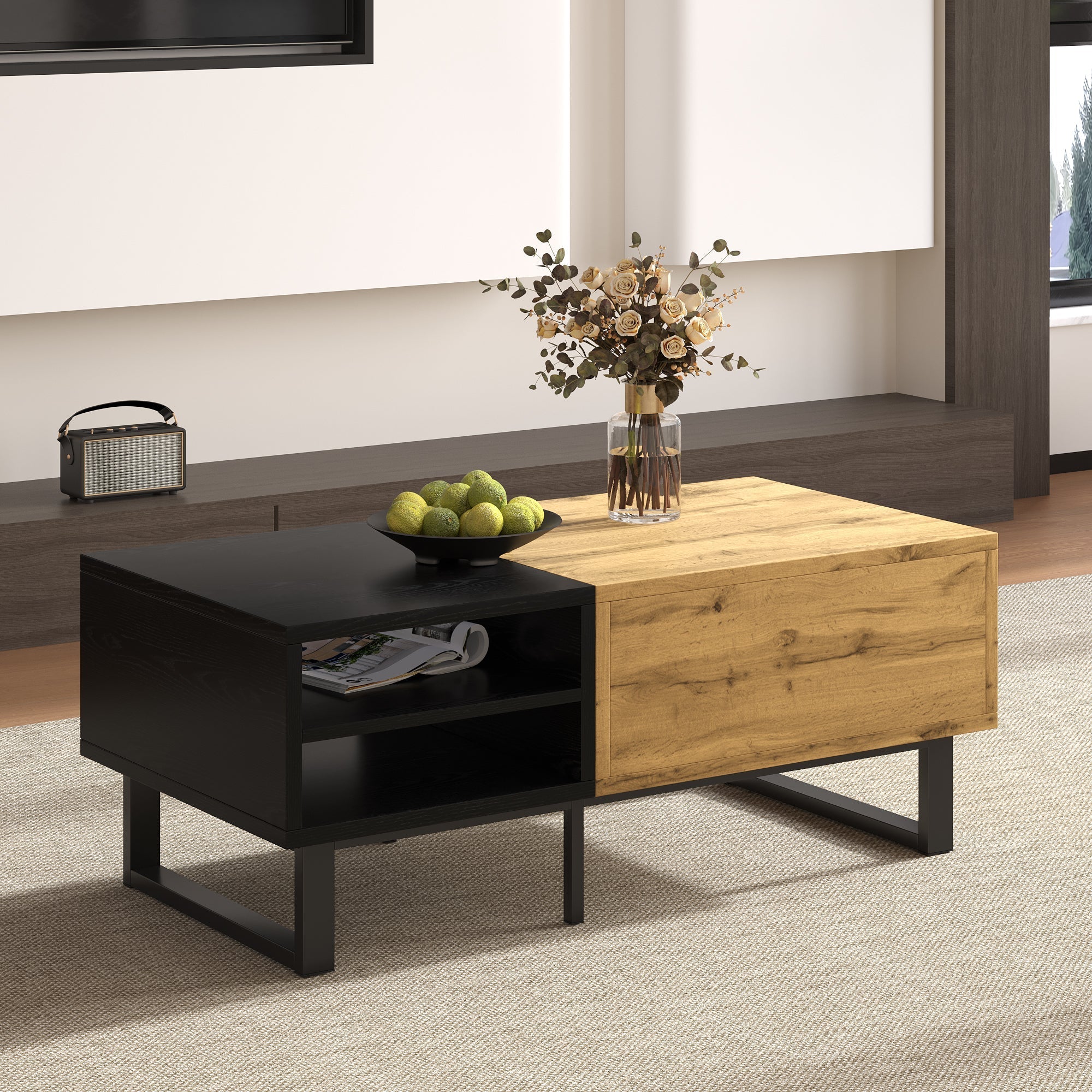 Coffee Table with Color Block, Compartments, Drawers, Metal Legs