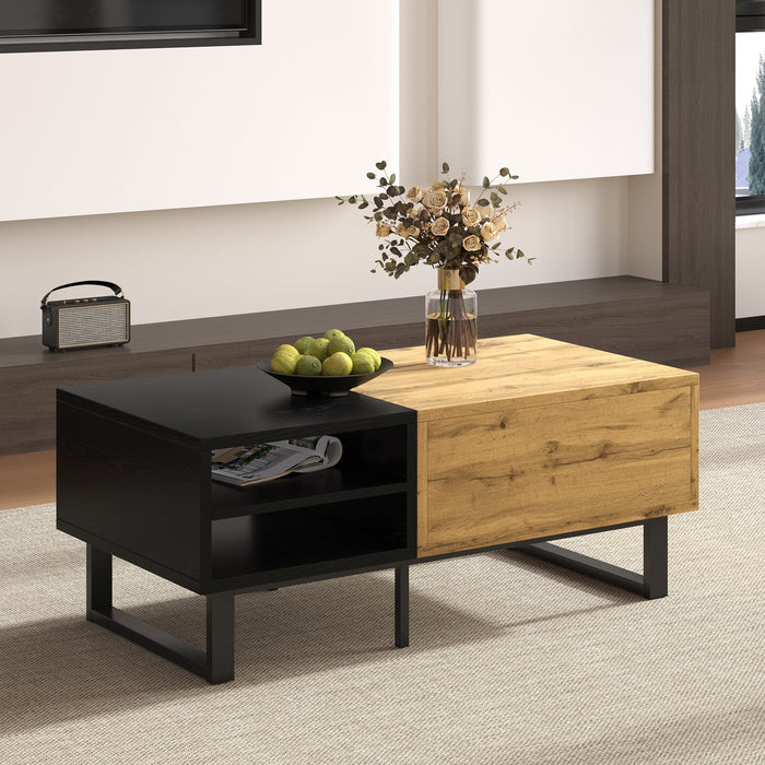 Coffee Table with Color Block, Compartments, Drawers, Metal Legs