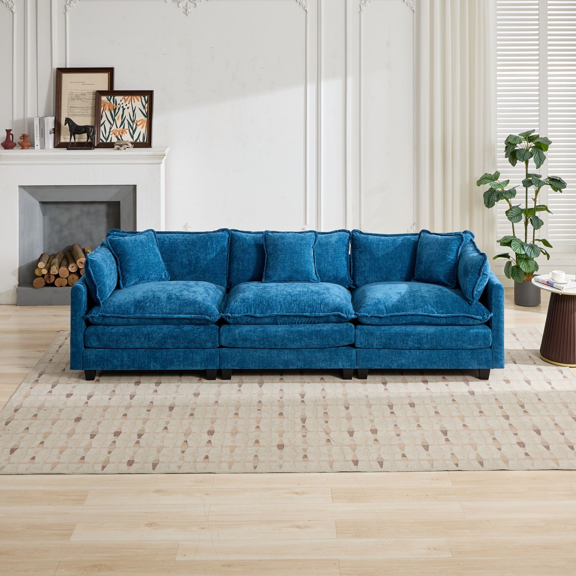Cloud Sofa 3 Seats Modern Sectional Couch with Double Layer Upholstered Cushion, Blue Chenille Fabric