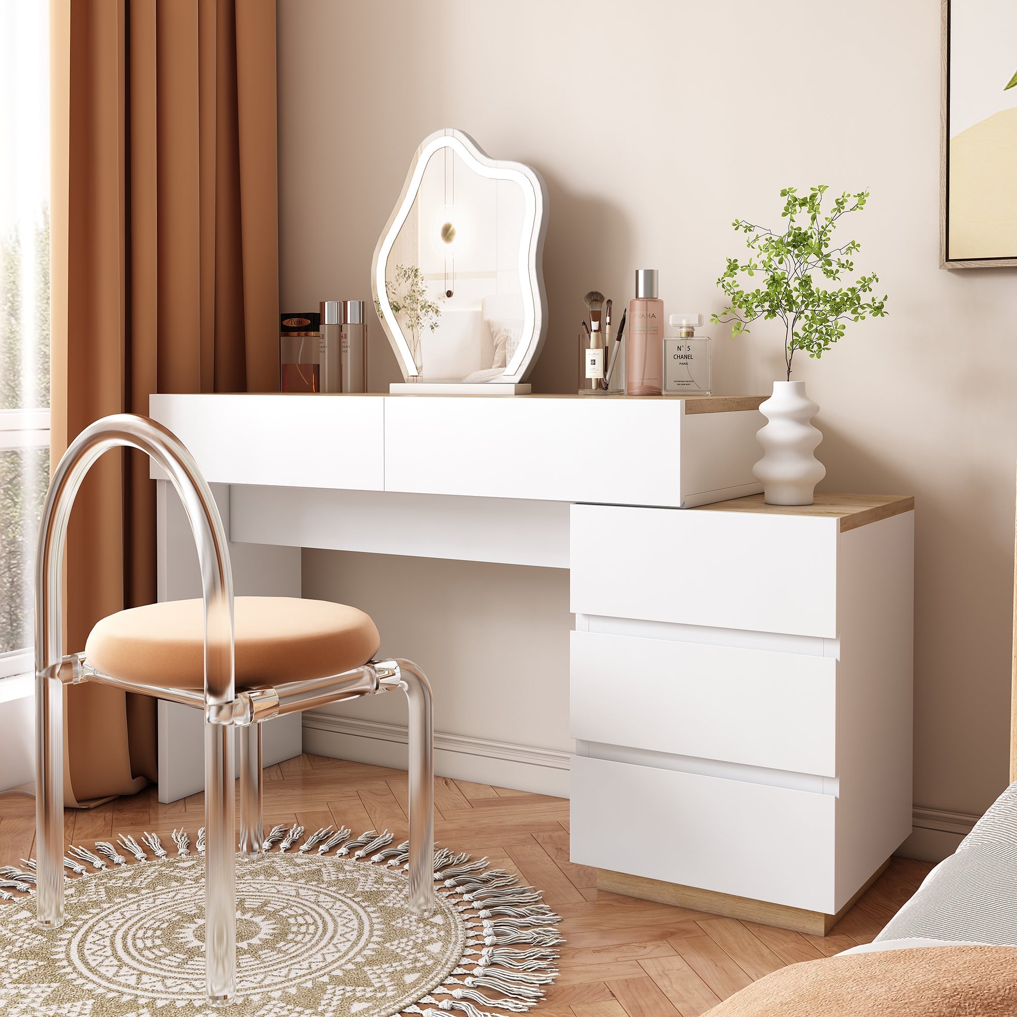 Desk and Dressing Table with 5 Storage Drawers, White and Oak