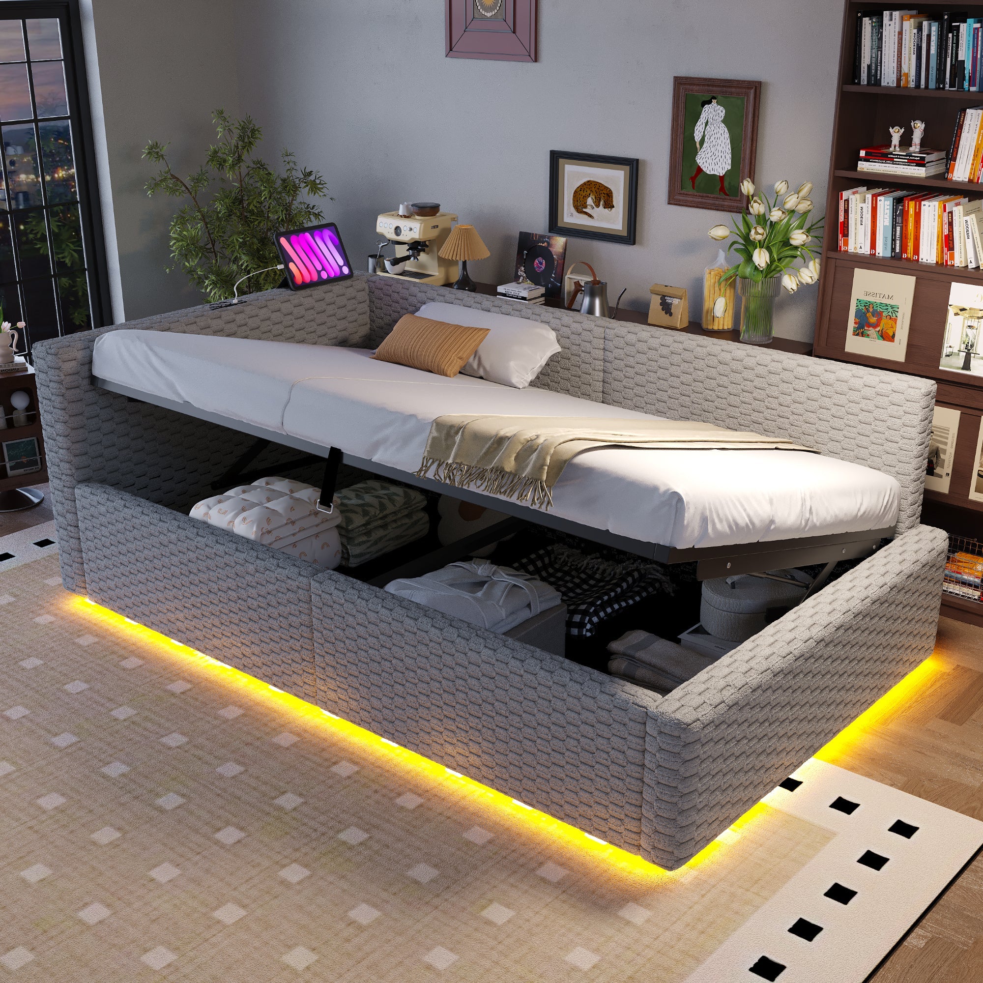 Upholstered Bed with LED, USB, Type-C and Hydraulic Storage, 90x200cm, Grey Velvet