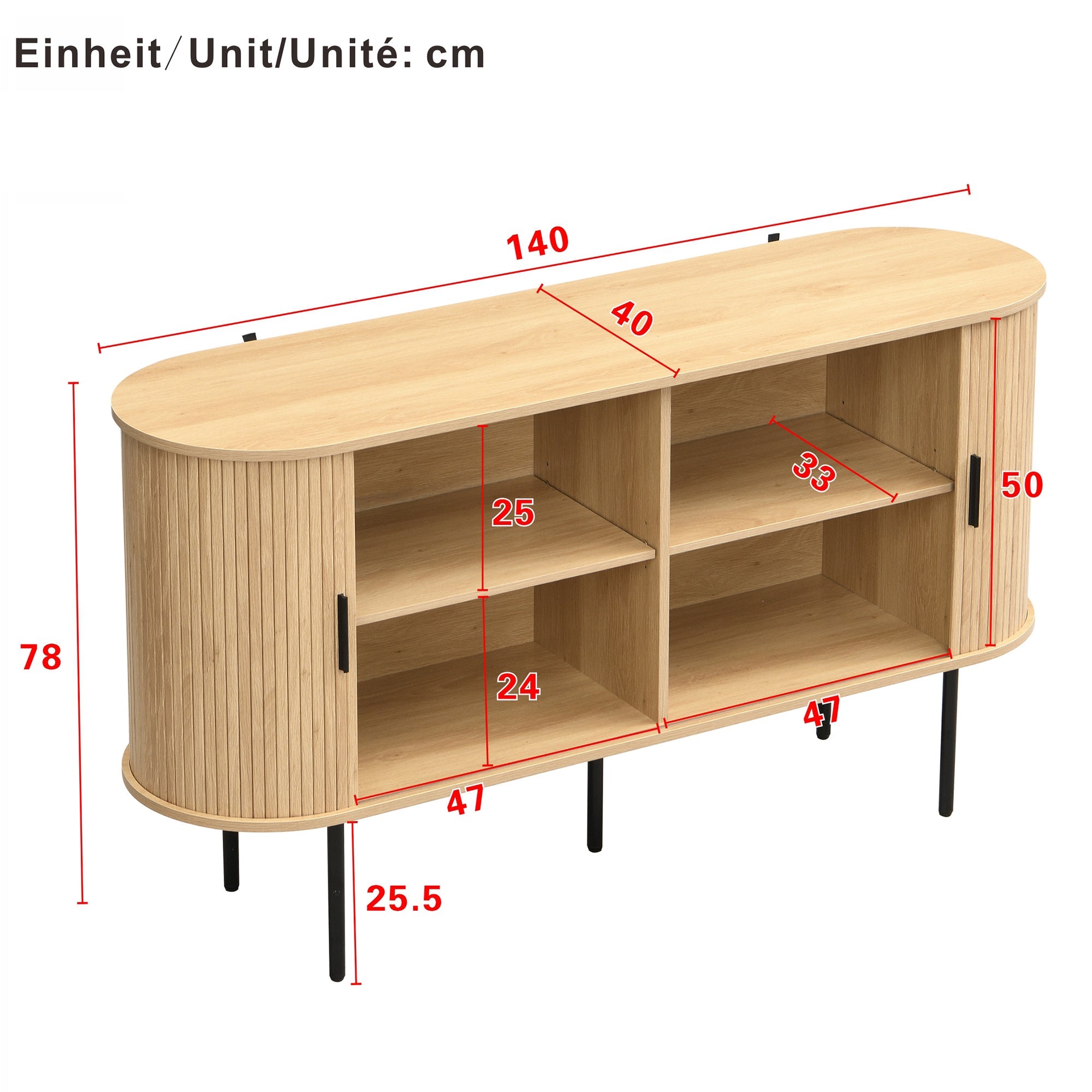 MDF Sideboard, Roller Blind Doors, Aluminum Handles, Iron Legs