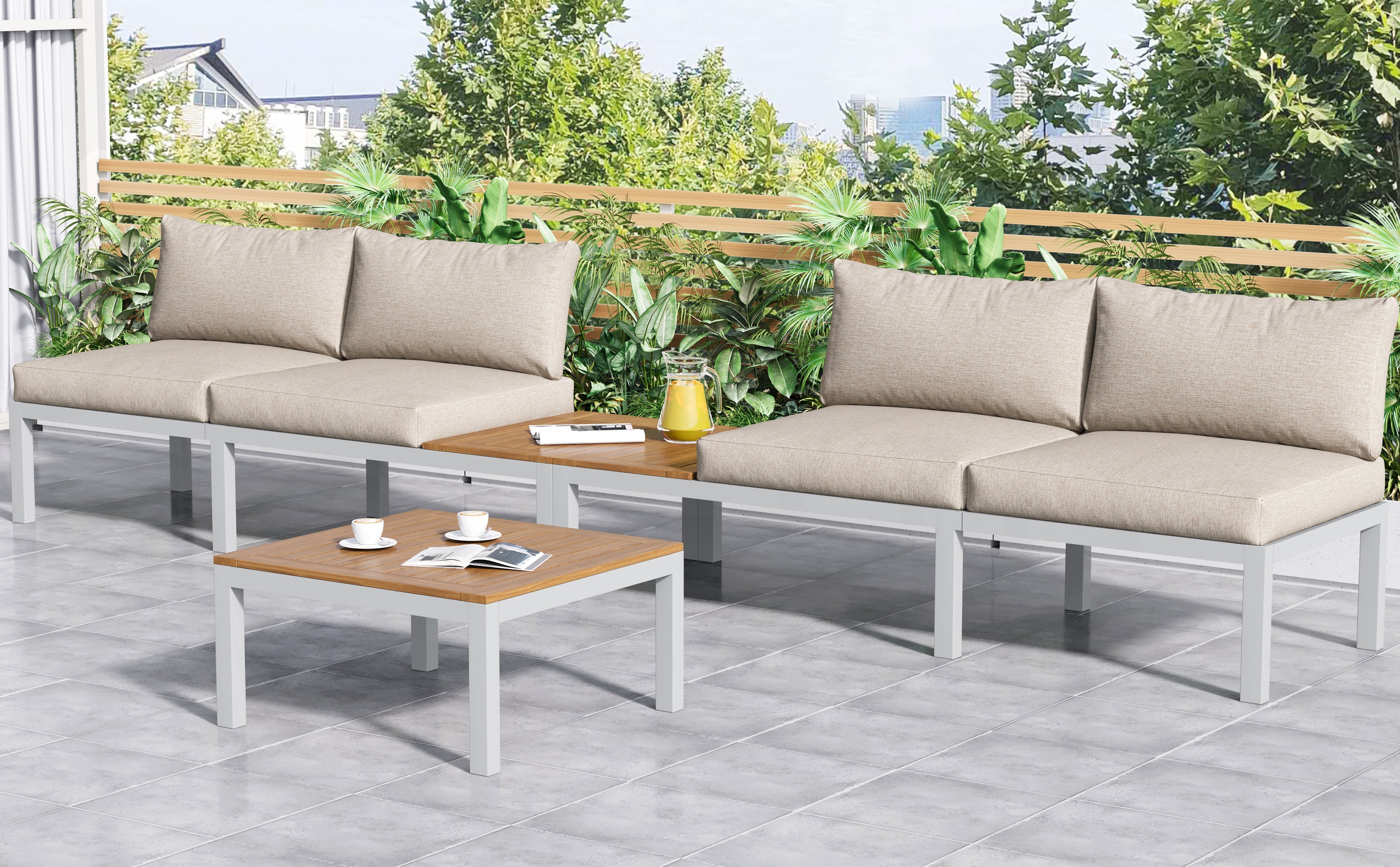Outdoor Patio Garden Lounge Set for 4, Space Saving L-Shaped Corner Sofa with Wooden Table, Beige
