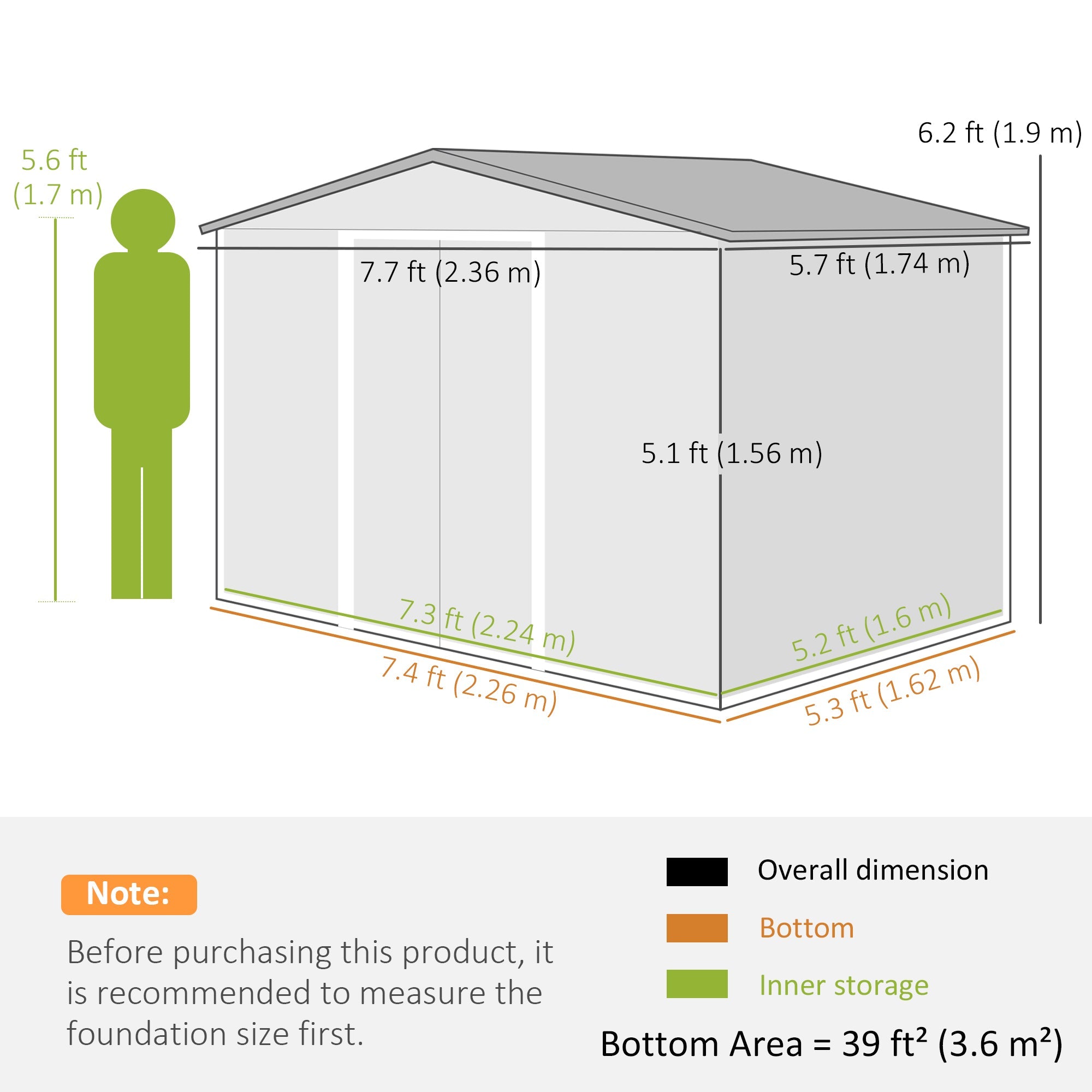 7.7 x 5.7ft Garden Shed, Ventilation Slots Sliding Doors Outdoor Tool Storage, Galvanised Green