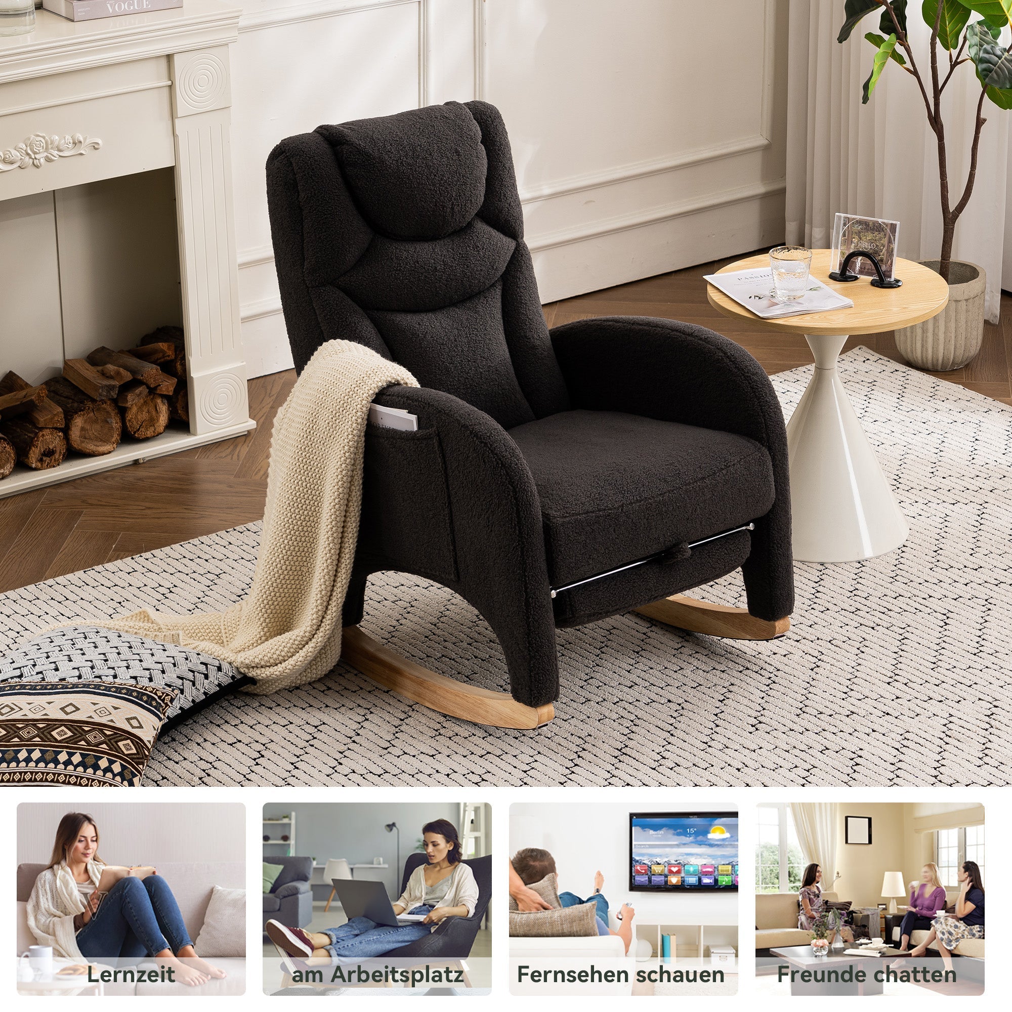 052 Rocking Chair, Upholstered with Armrest, Dark Grey Teddy Fabric