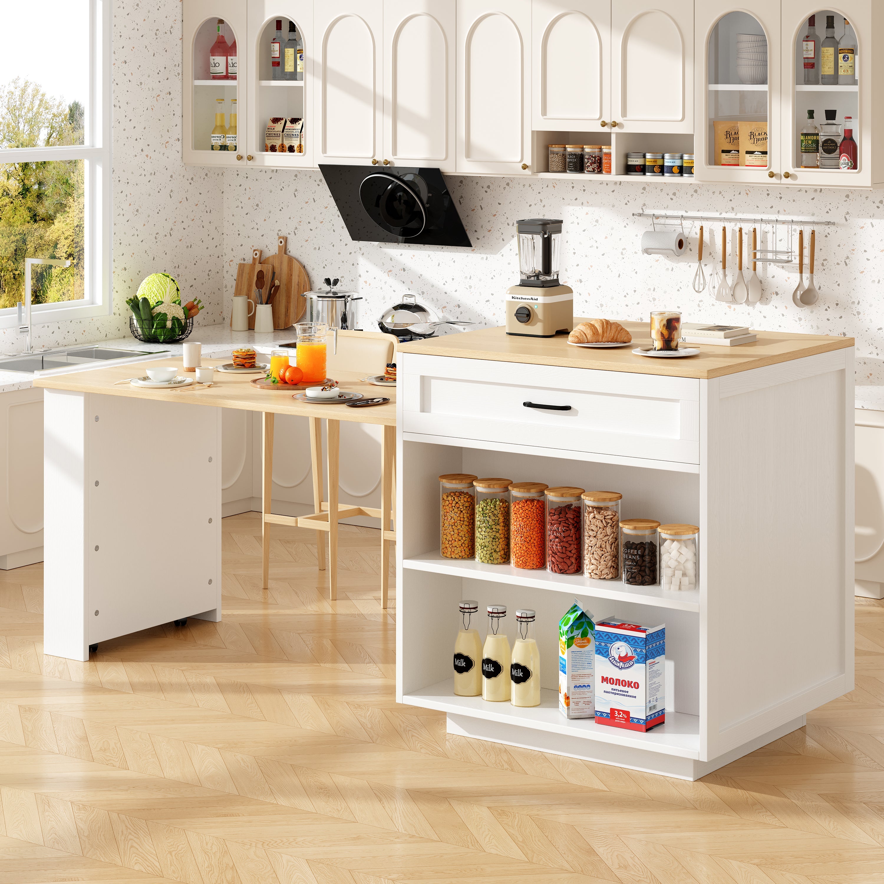 Extendable Bar Table 133-202cm with Storage, 2 Drawers & Side Shelves - White