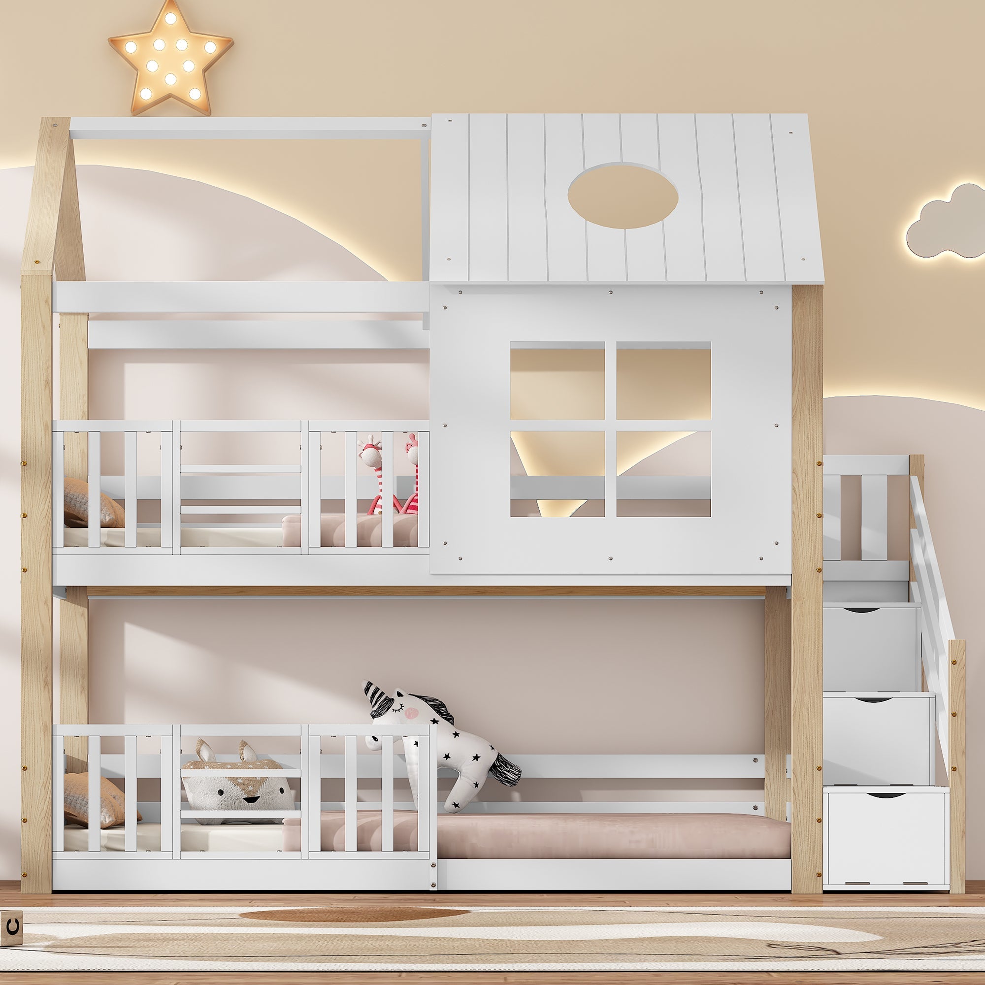 Bunk Bed House Bed with Storage Stairs, Safety Rail, Window, 90x200cm - Pine+MDF, White+Natural