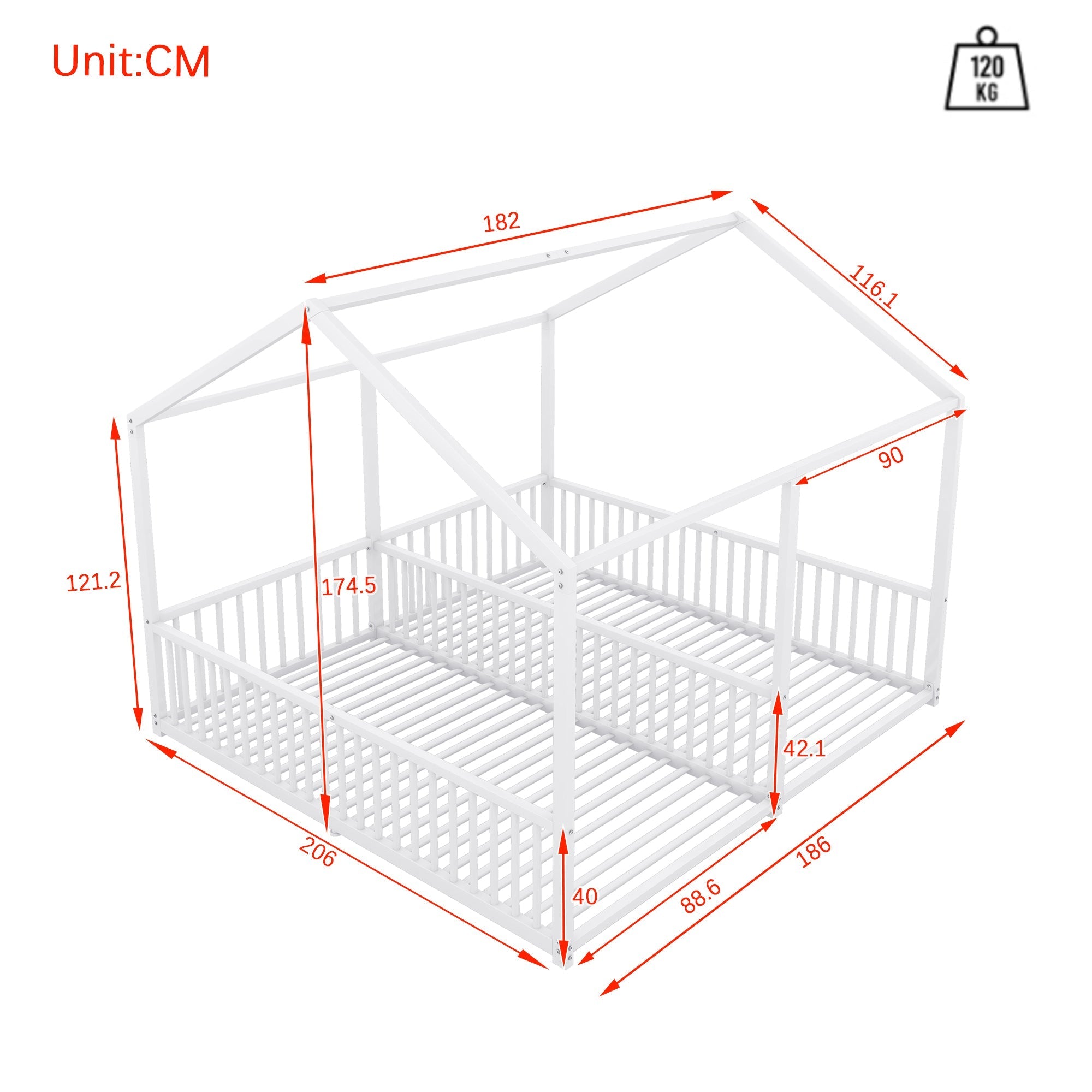 Metal Children's Bed 90x200cm House Design Railing Ladder - White