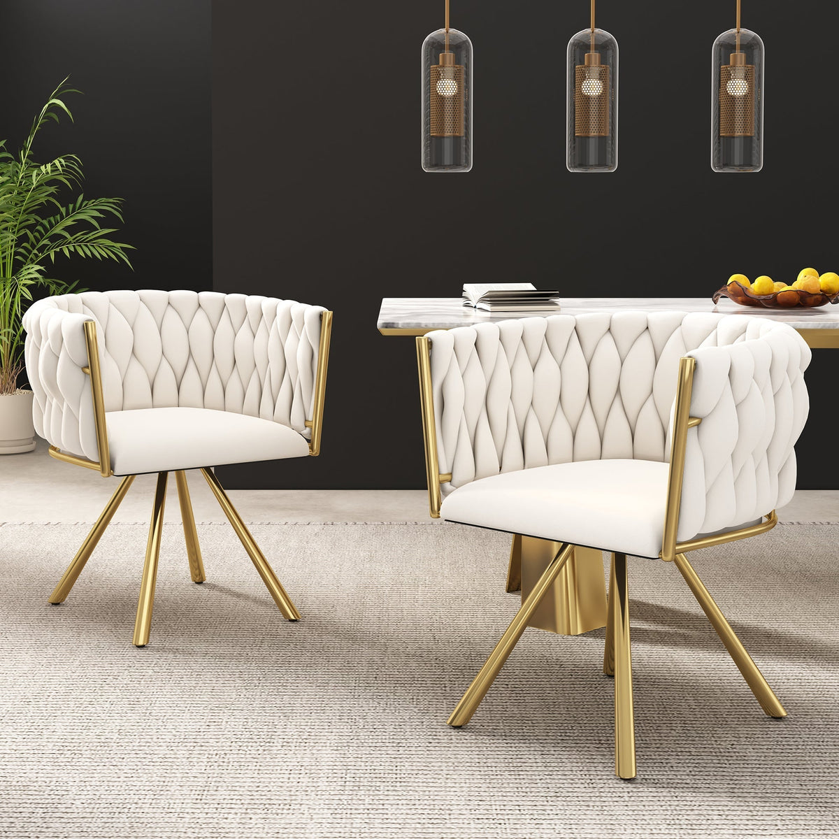 Velvet Dining Chair Set of 4 Swivel Metal Legs - Beige and Gold
