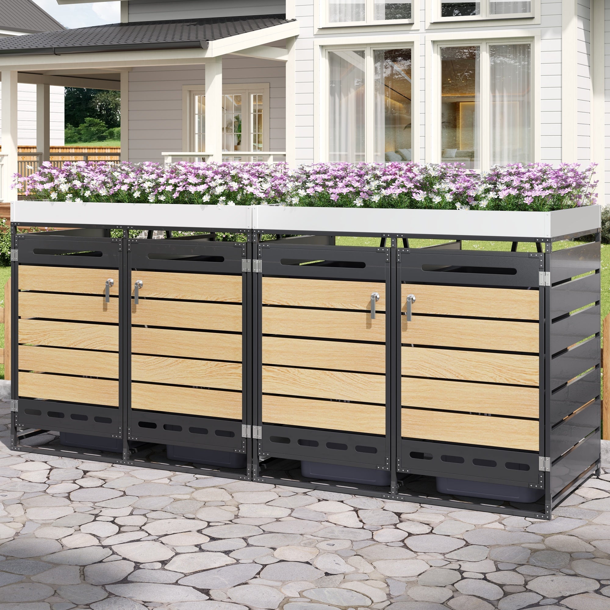 Bin Storage Unit with Planter Box, Slotted Ventilation and Lock, Iron with Wood-Look Slats